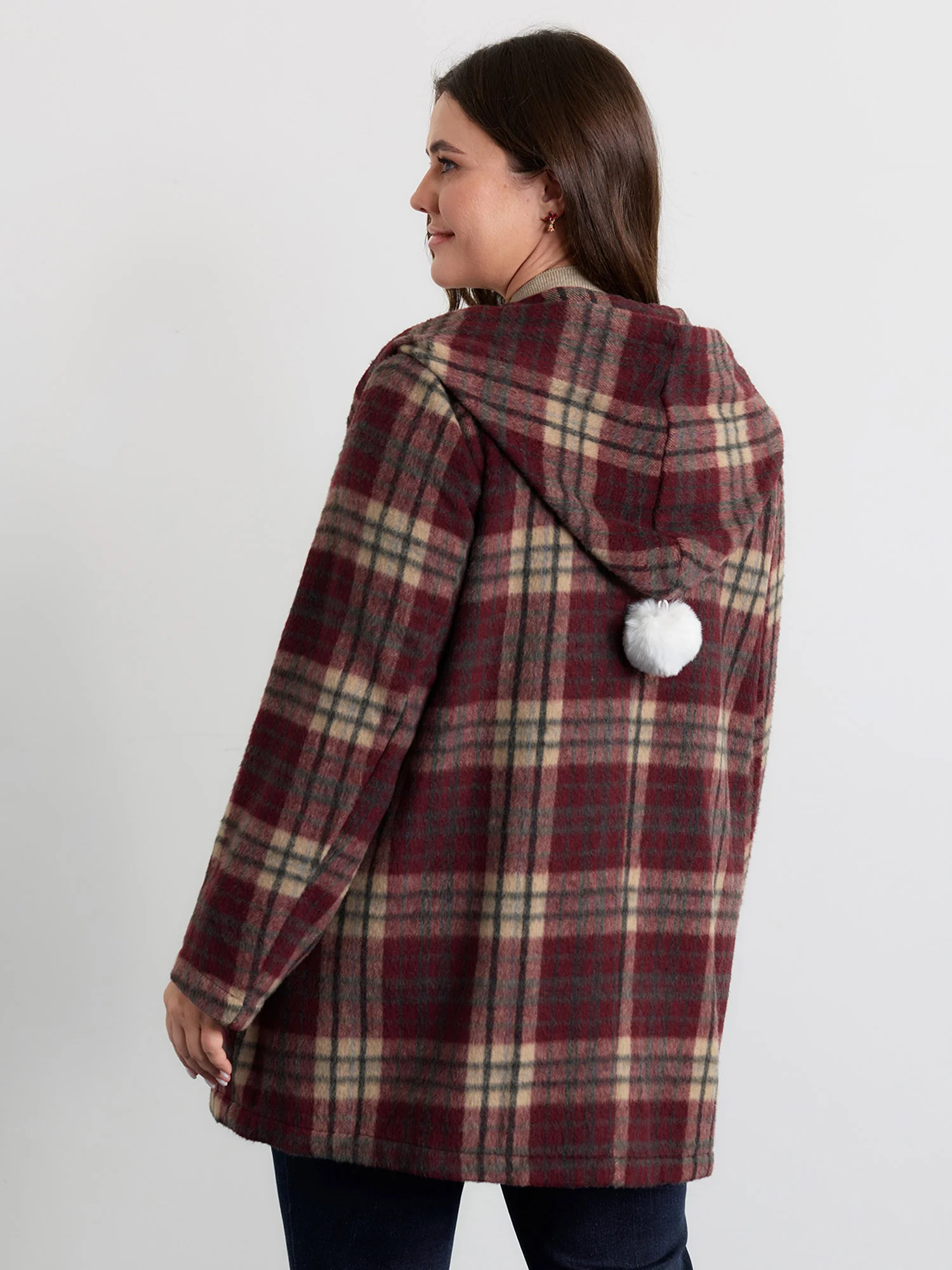Plaid Fleece Hooded Button Coat