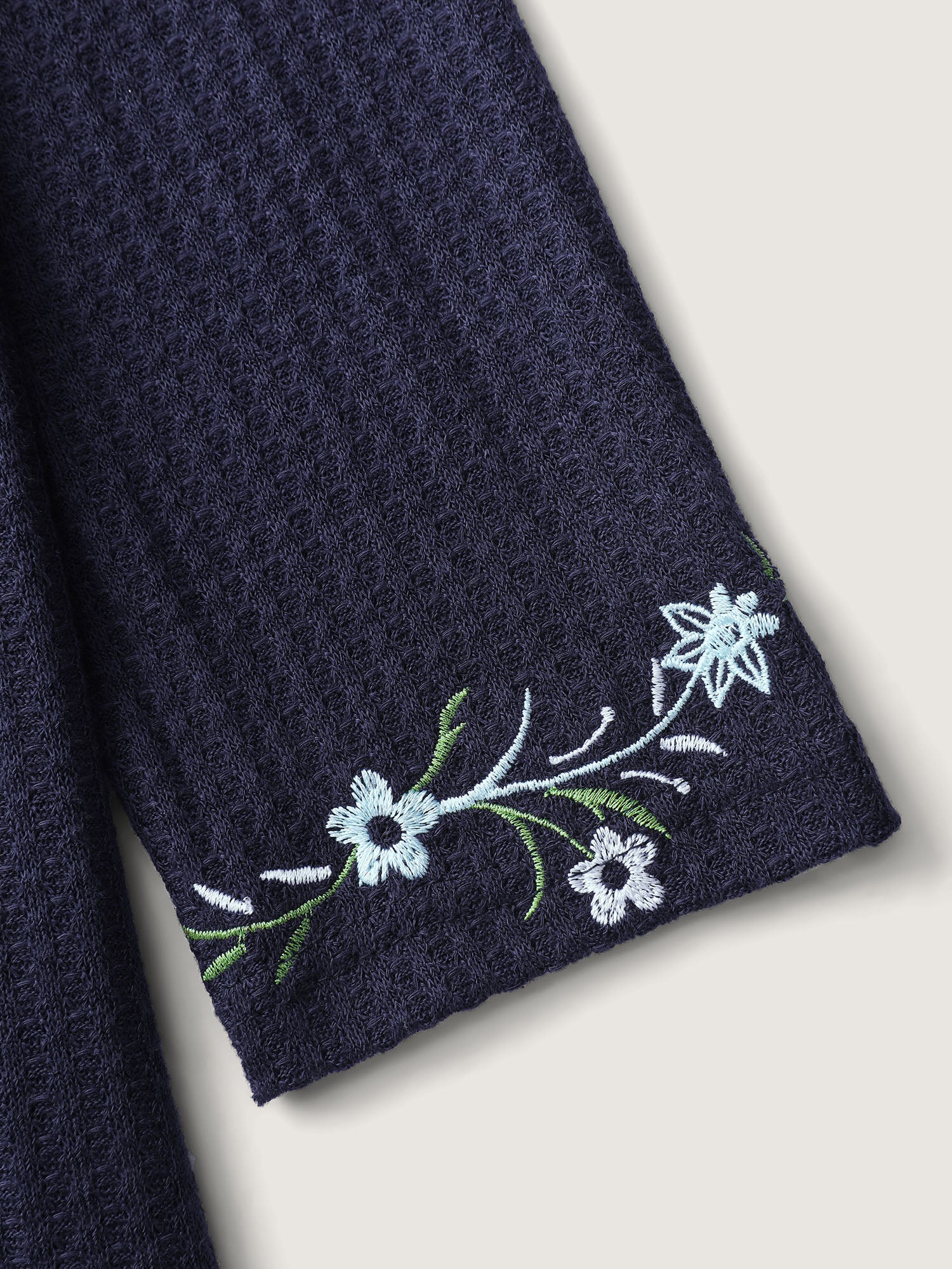 Floral Embroidery Textured Round Neck T-Shirt