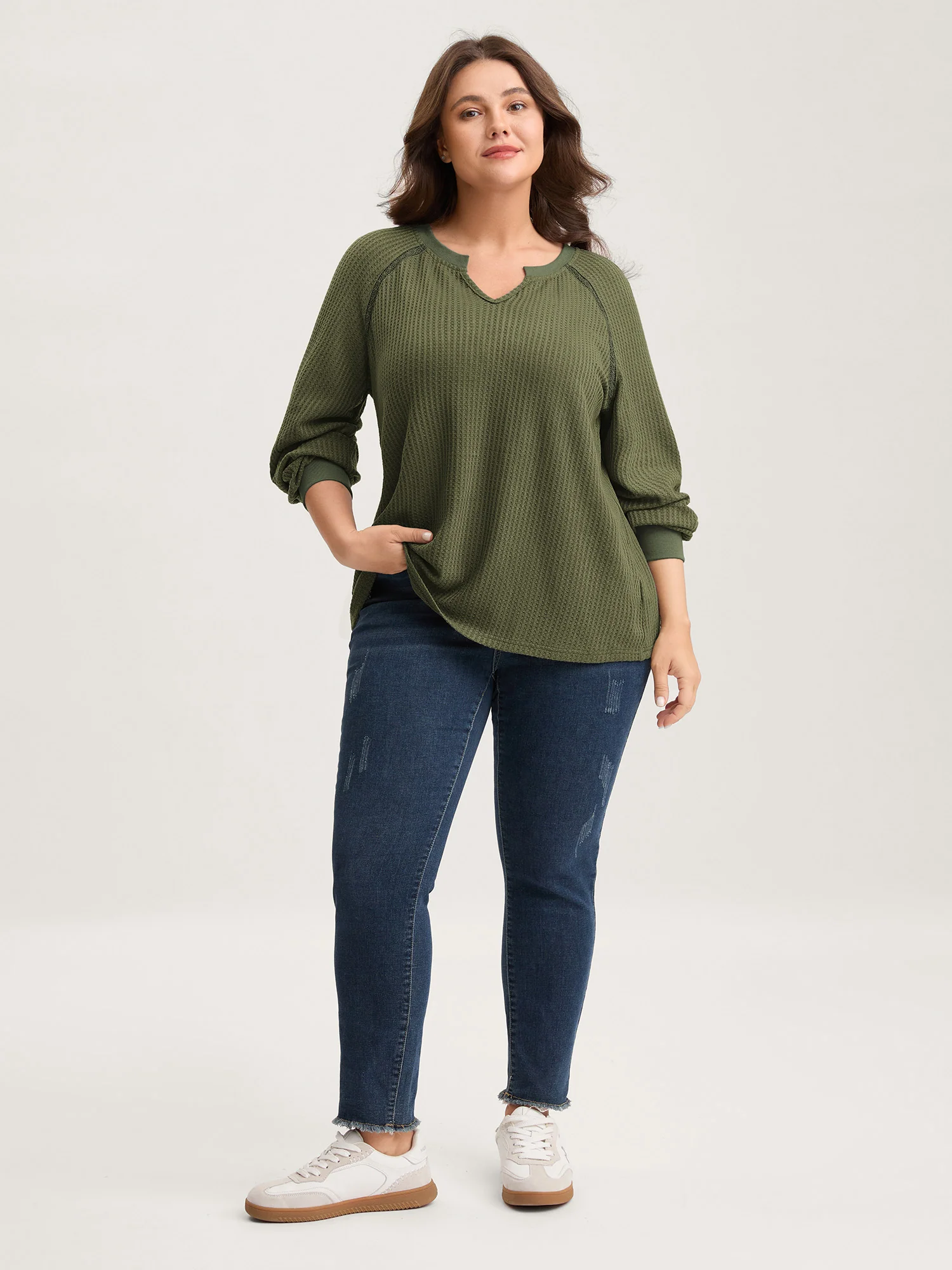 Waffle Grid Notched Collar Lace Sweatshirt