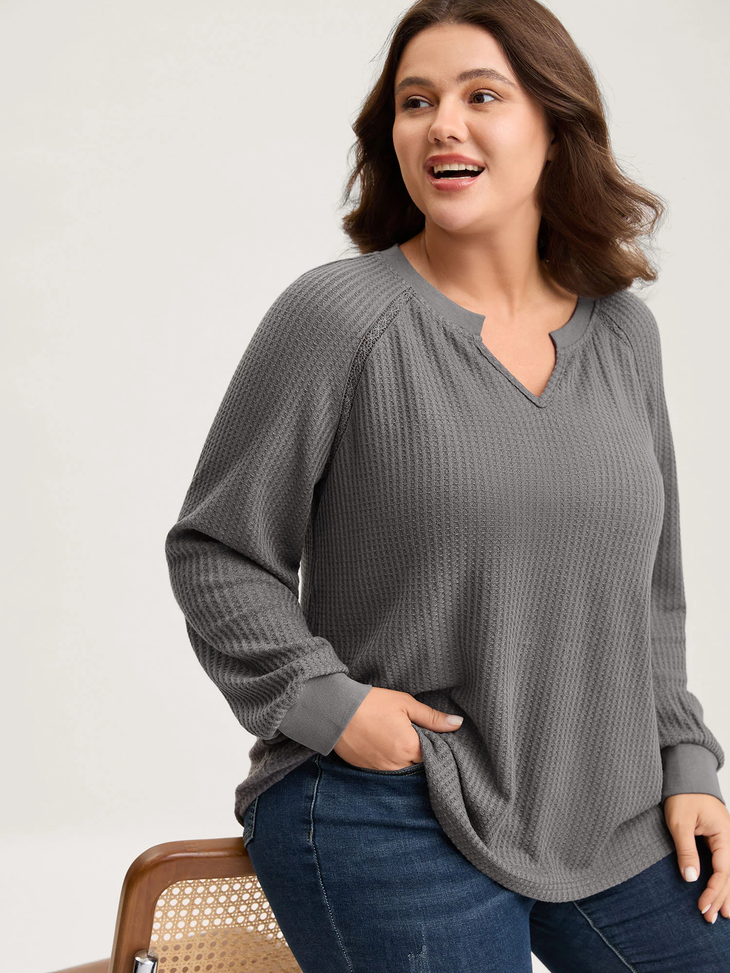 Waffle Grid Notched Collar Lace Sweatshirt