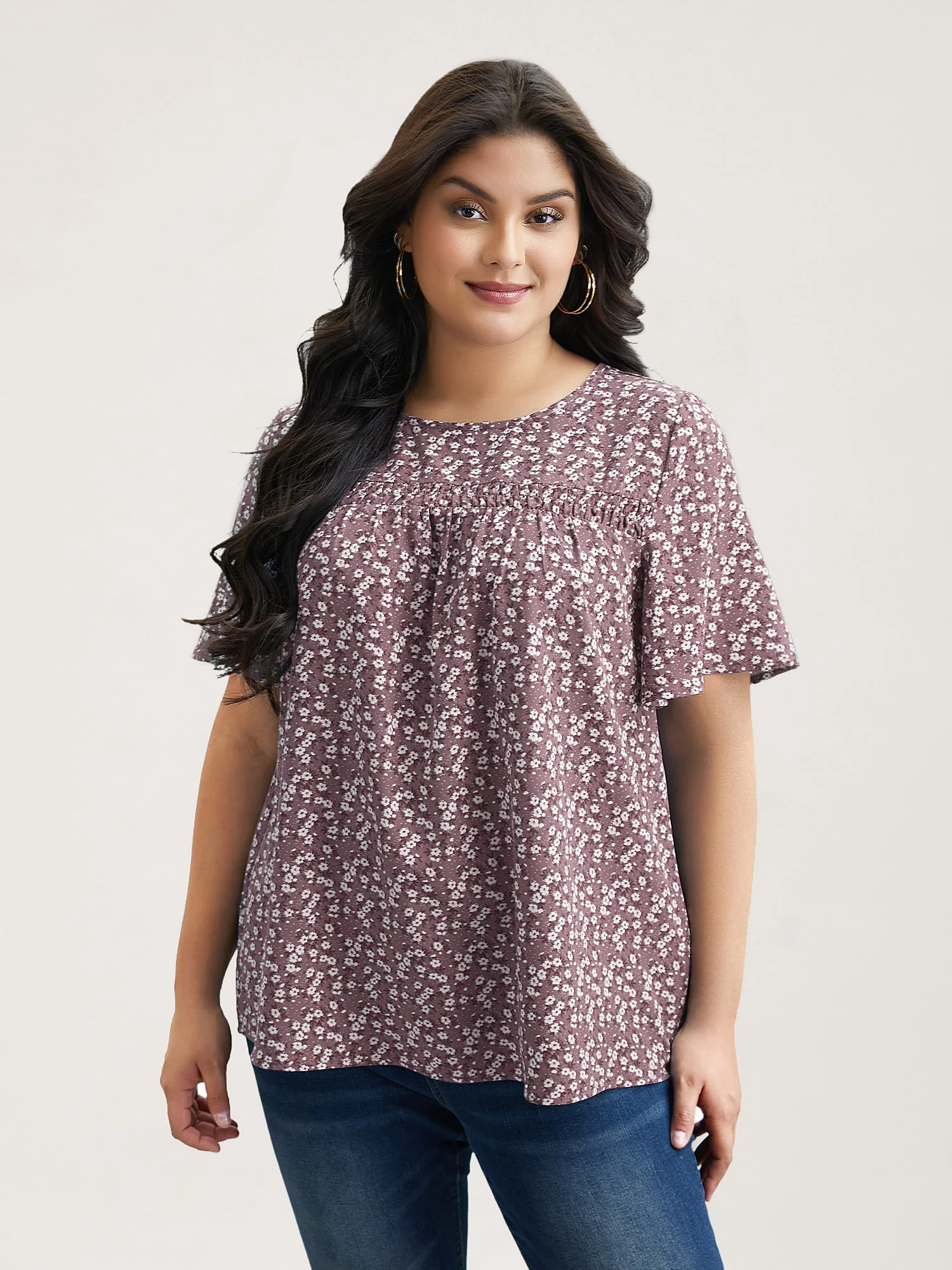 Floral Ruffle Sleeve Gathered Round Neck Blouse