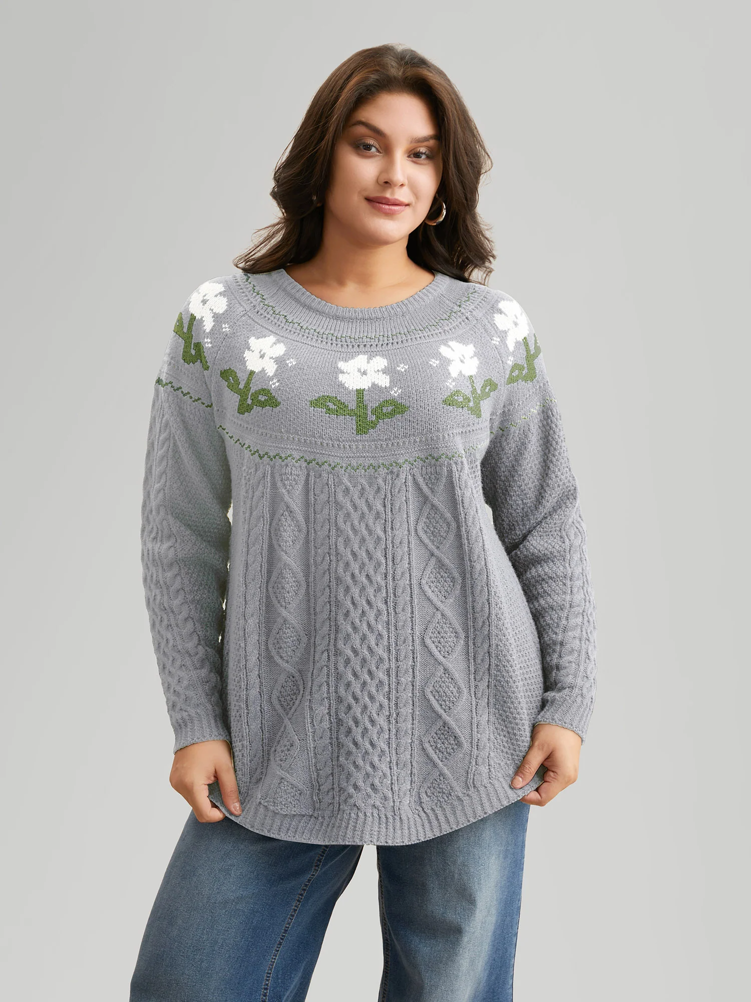 Floral Jacquard Raglan Sleeve Pullover