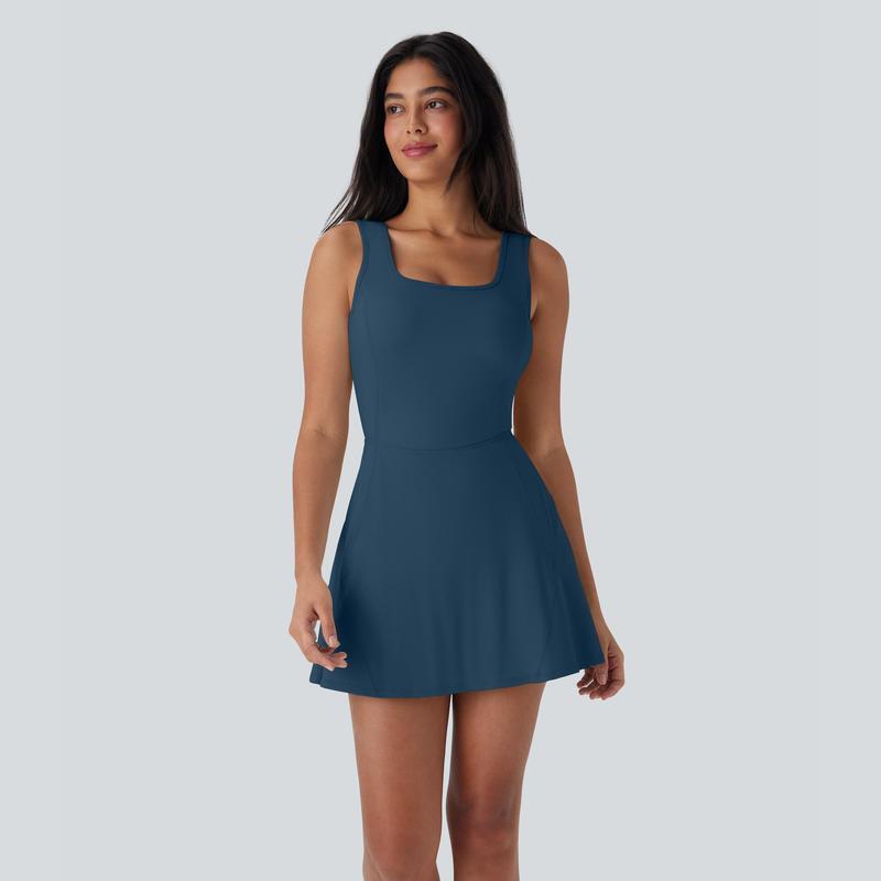 Women's U-Neck Backless Active Dress with Built-In Shorts