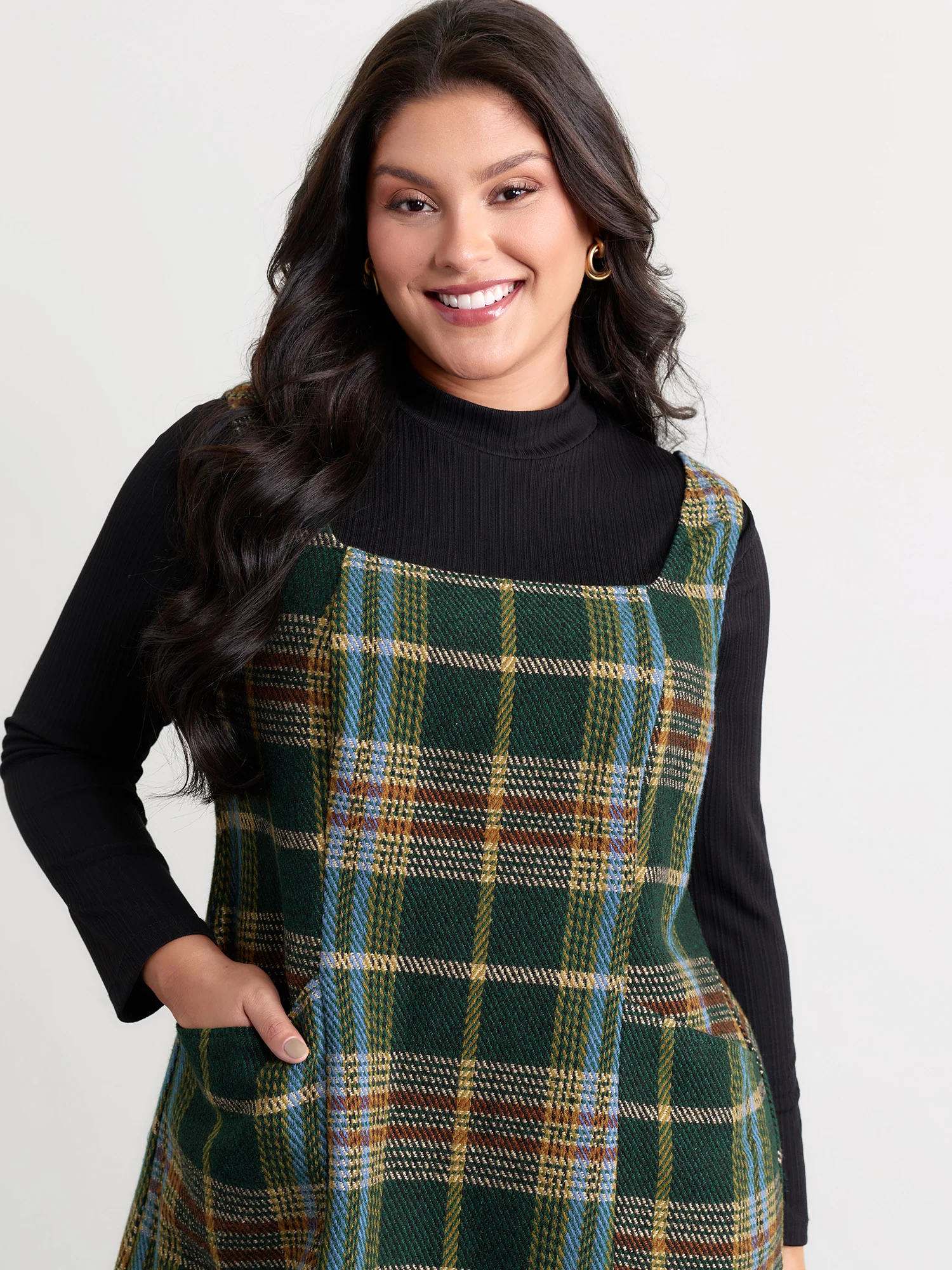 Plaid Pattern Slant Pockets Knee Dress