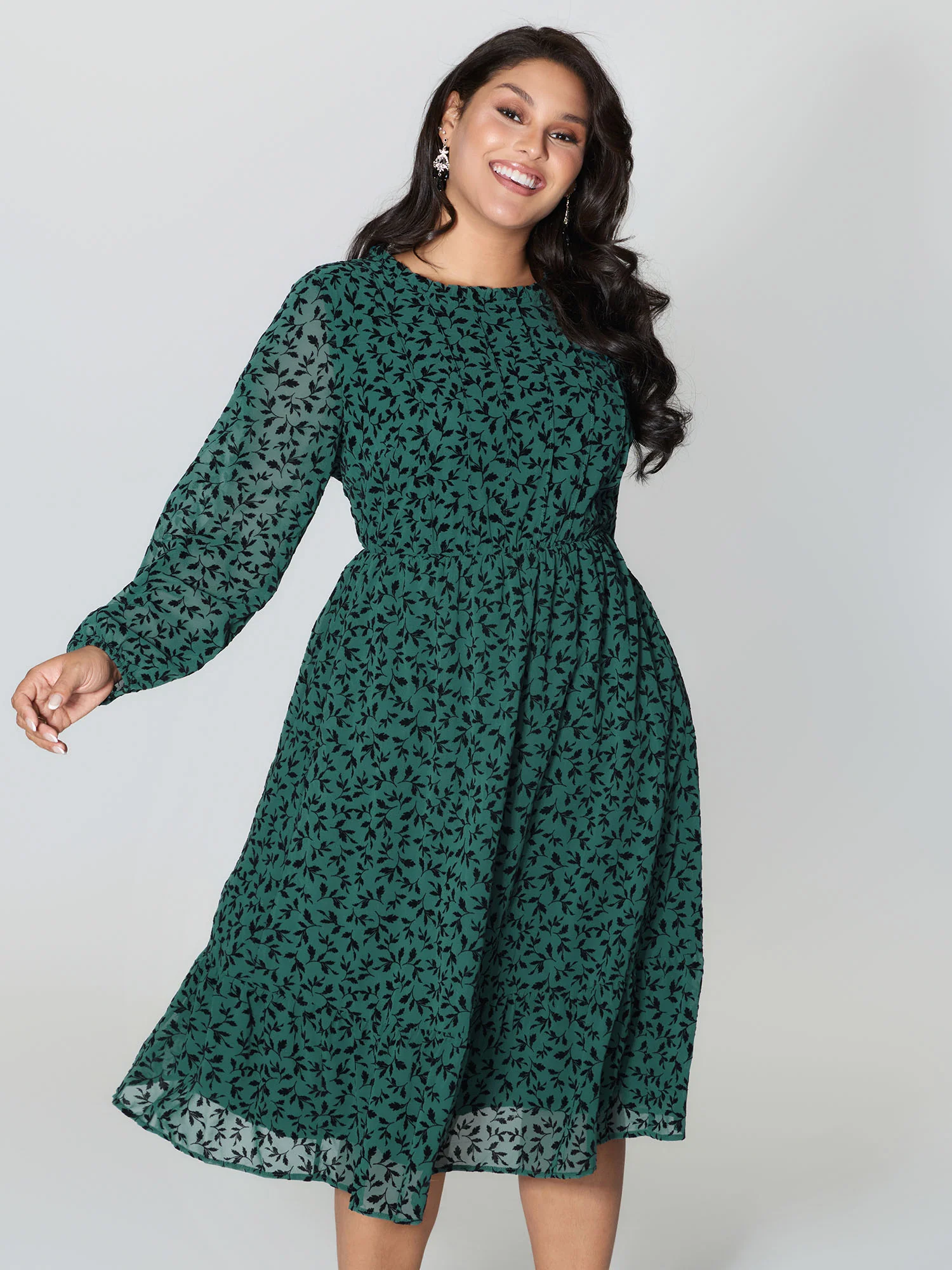 Flocked Floral Shirred Ruffled Neck Midi Dress