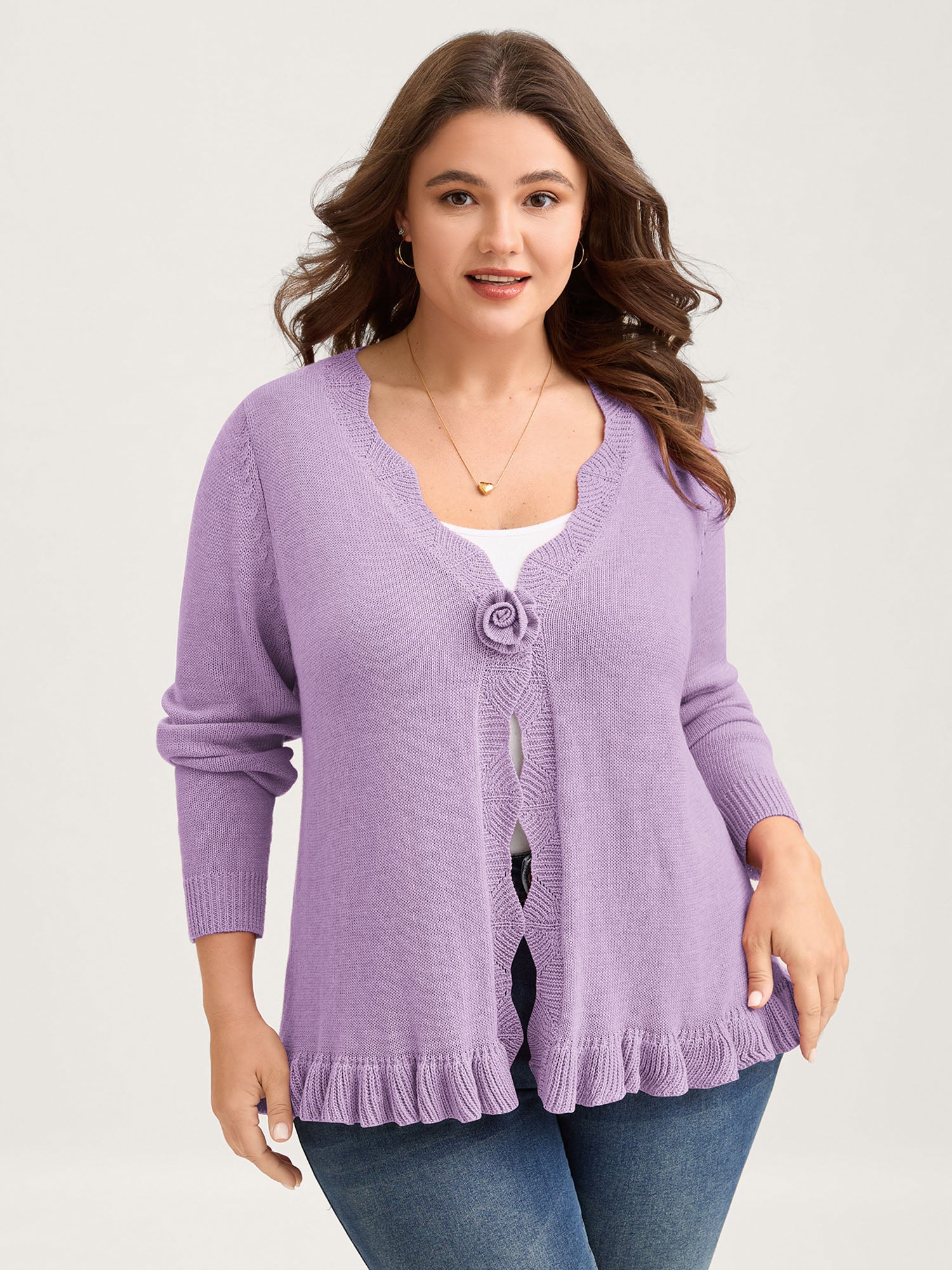 Supersoft Textured Floral Button Ruffled Hem Knit Cardigan