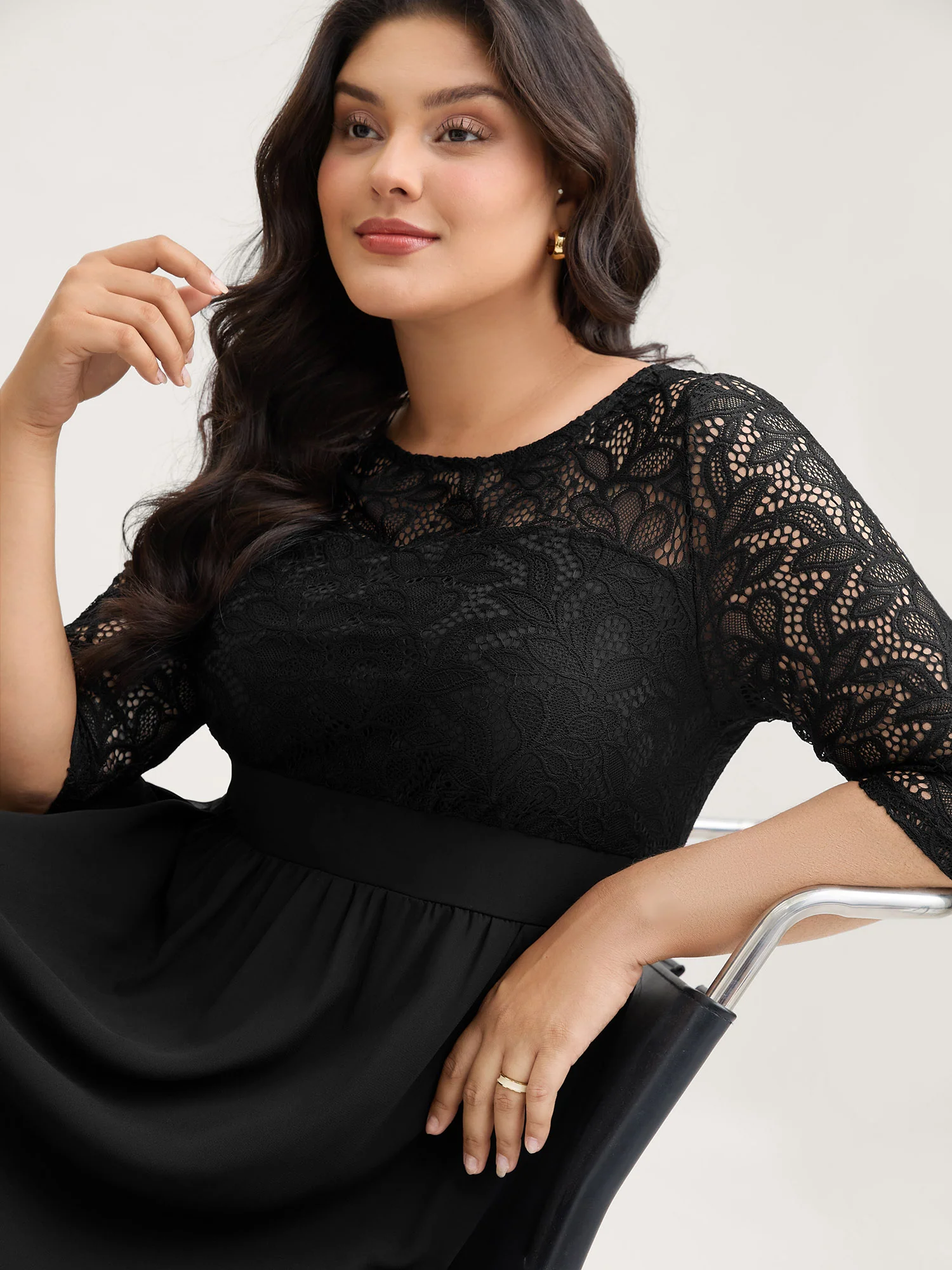 Lace Patchwork Shirred Midi Pocket Dress