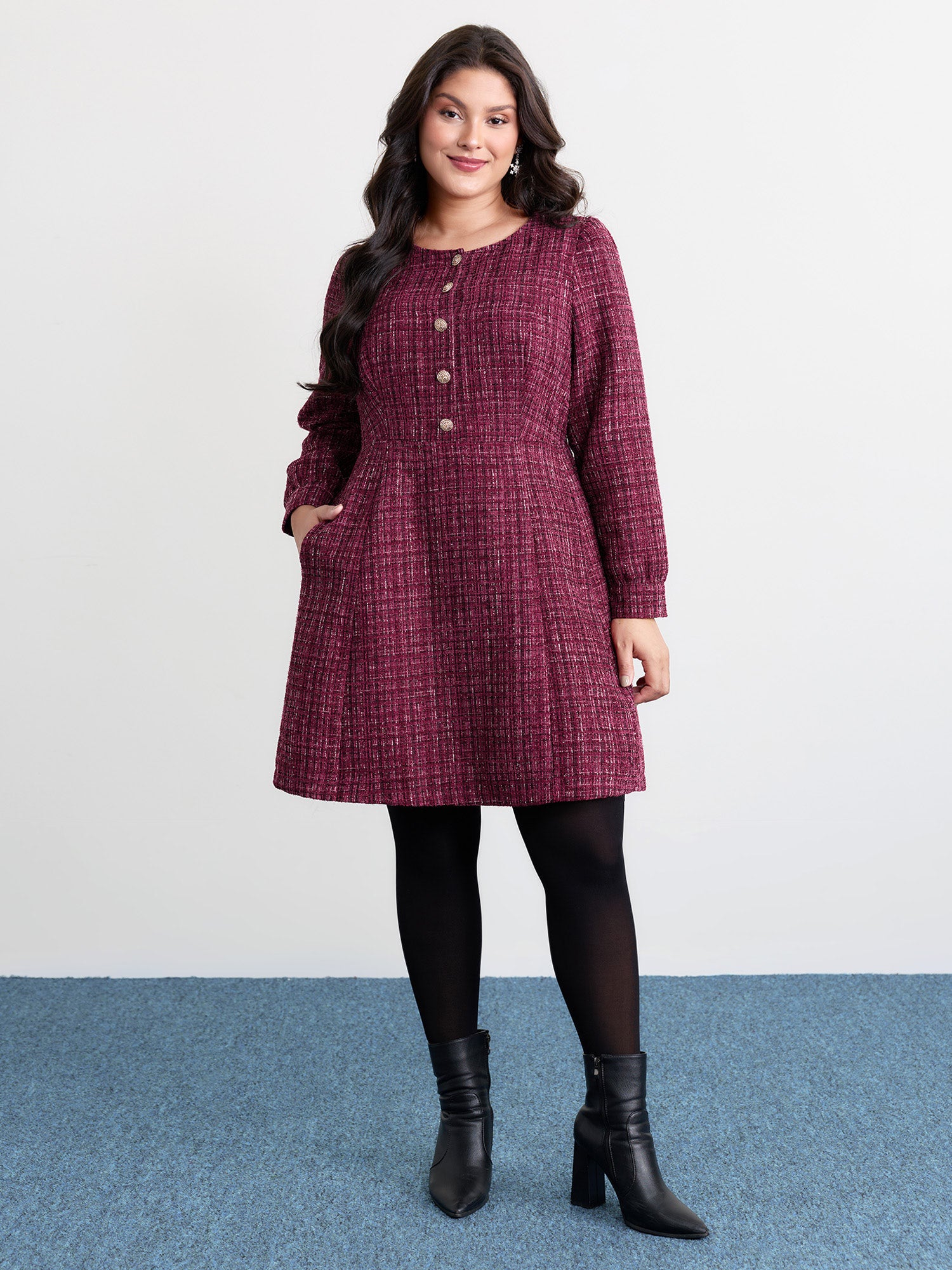 Tweed Metal Button Stretchy Waist Knee Dress