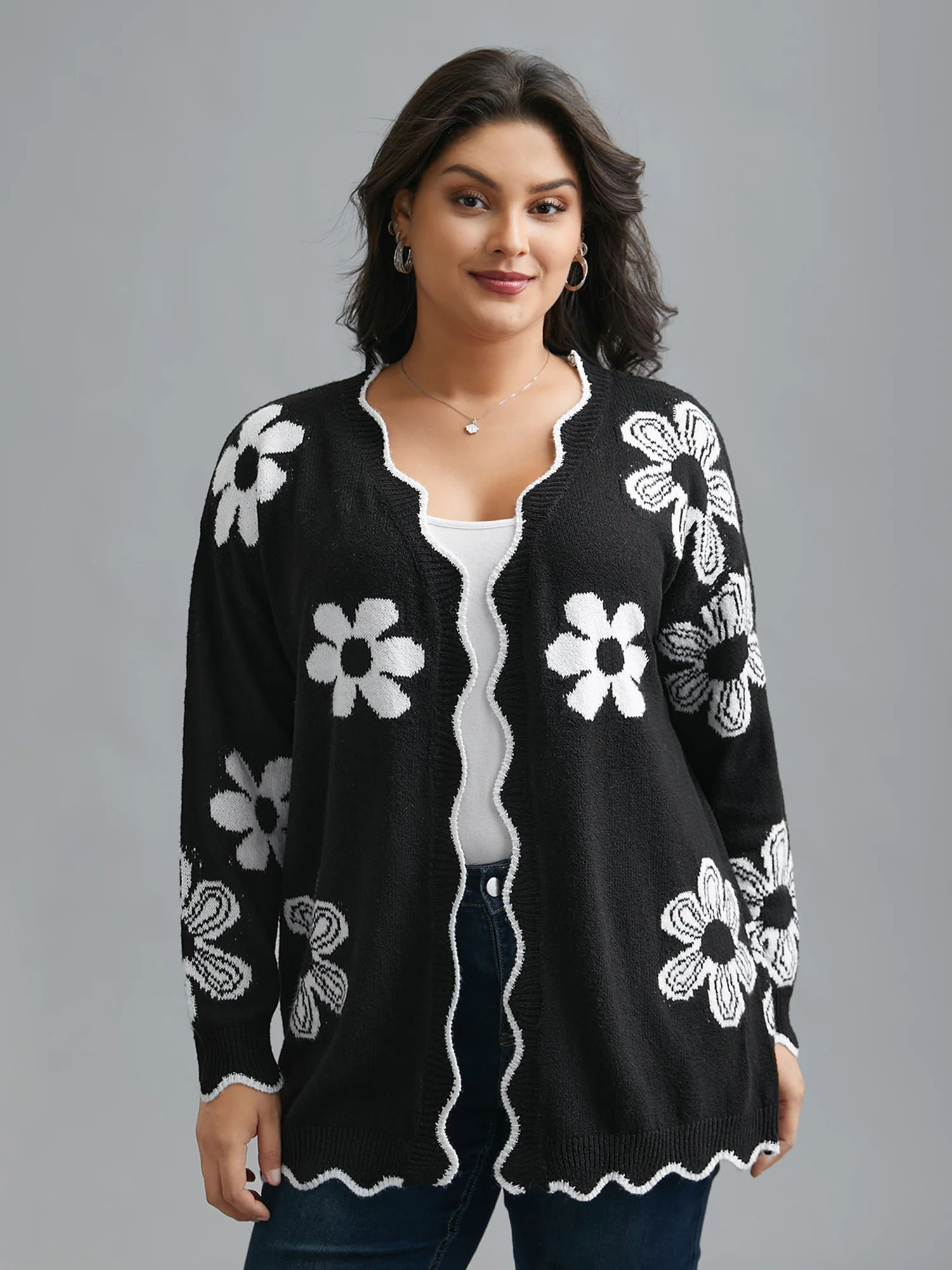 Floral Pattern Open-Front Knitted Cardigan