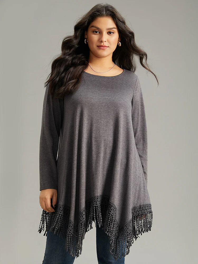 Solid Tassels Trim Pocket Asymmetrical Hem T-shirt