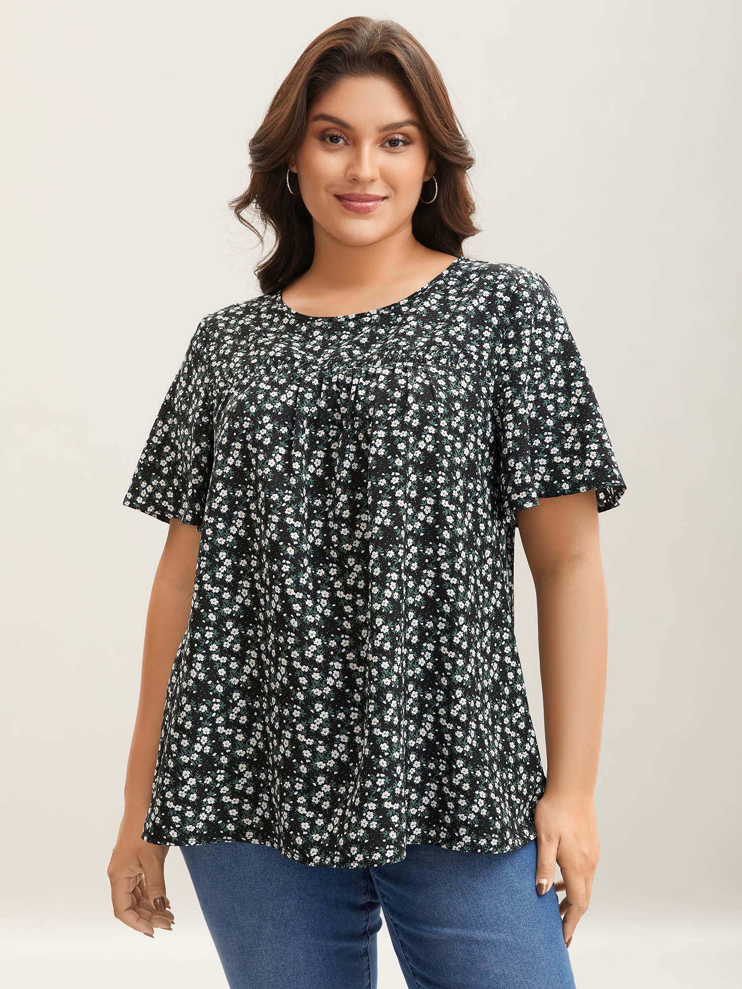 Floral Ruffle Sleeve Gathered Round Neck Blouse