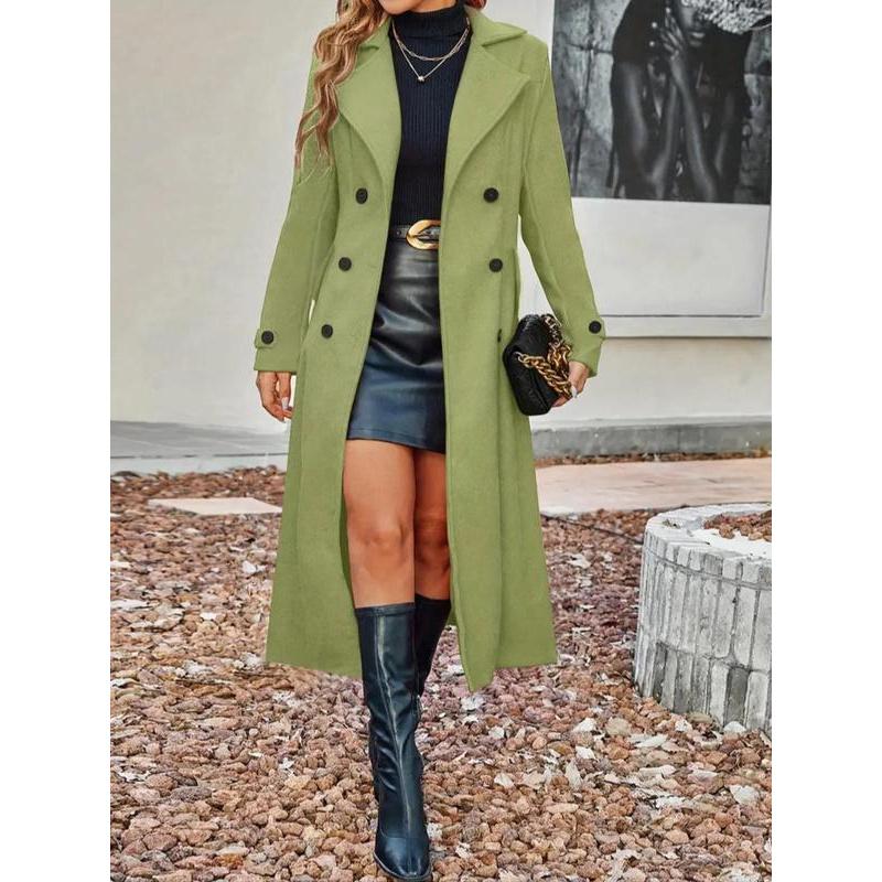 Women Solid Color Double Button Lapel Wool Coat Elegant Long Sleeve Long Coat Autumn Winter Women Clothing