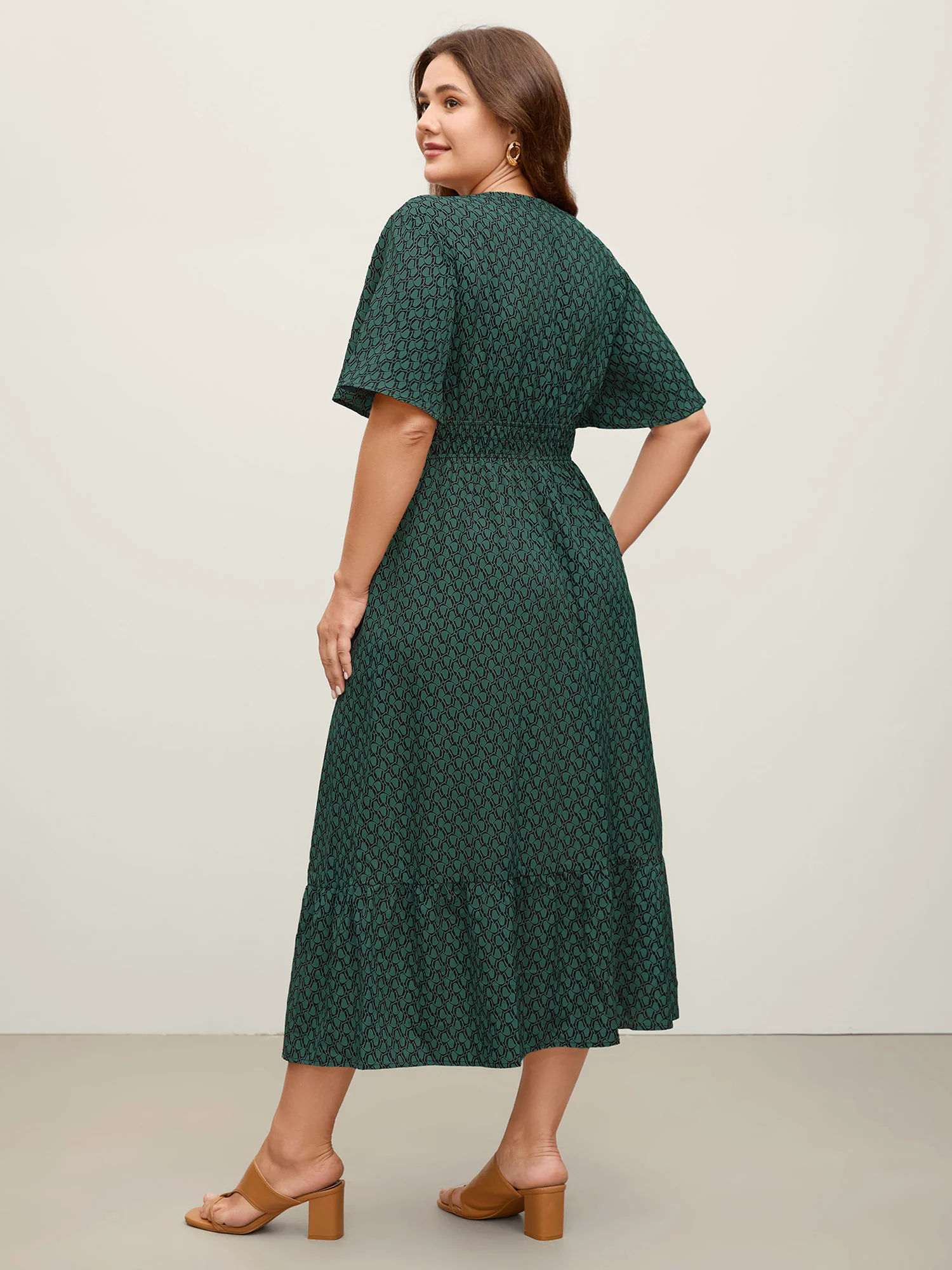 Geometric Print Waist-Cinched Tiered Midi Dress