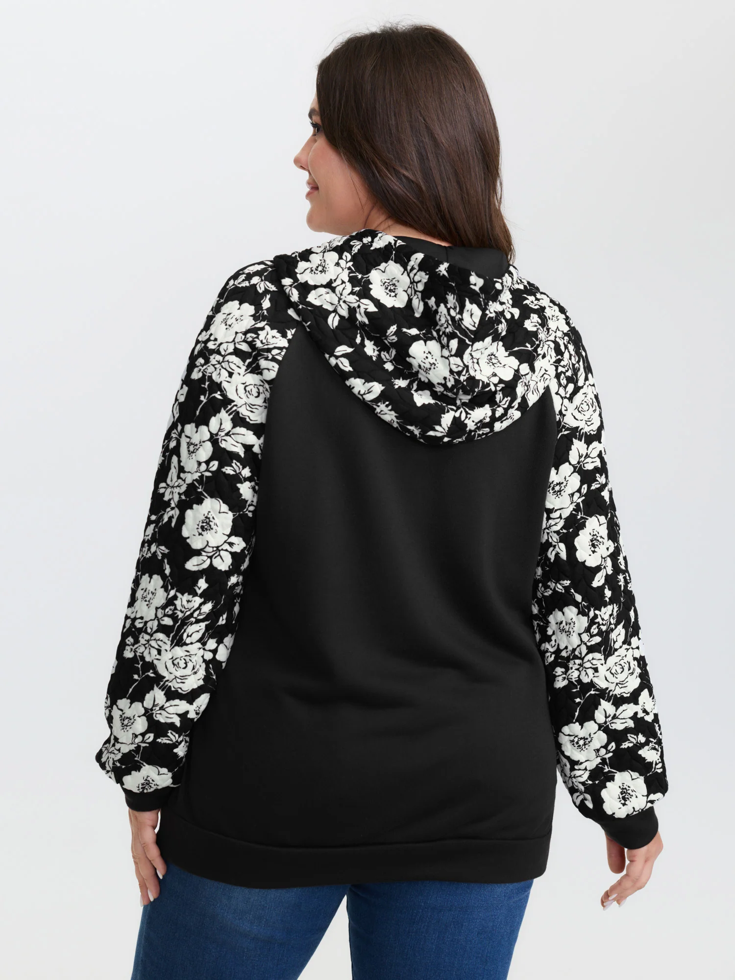 Floral Contrast Textured Pockets Hoodie