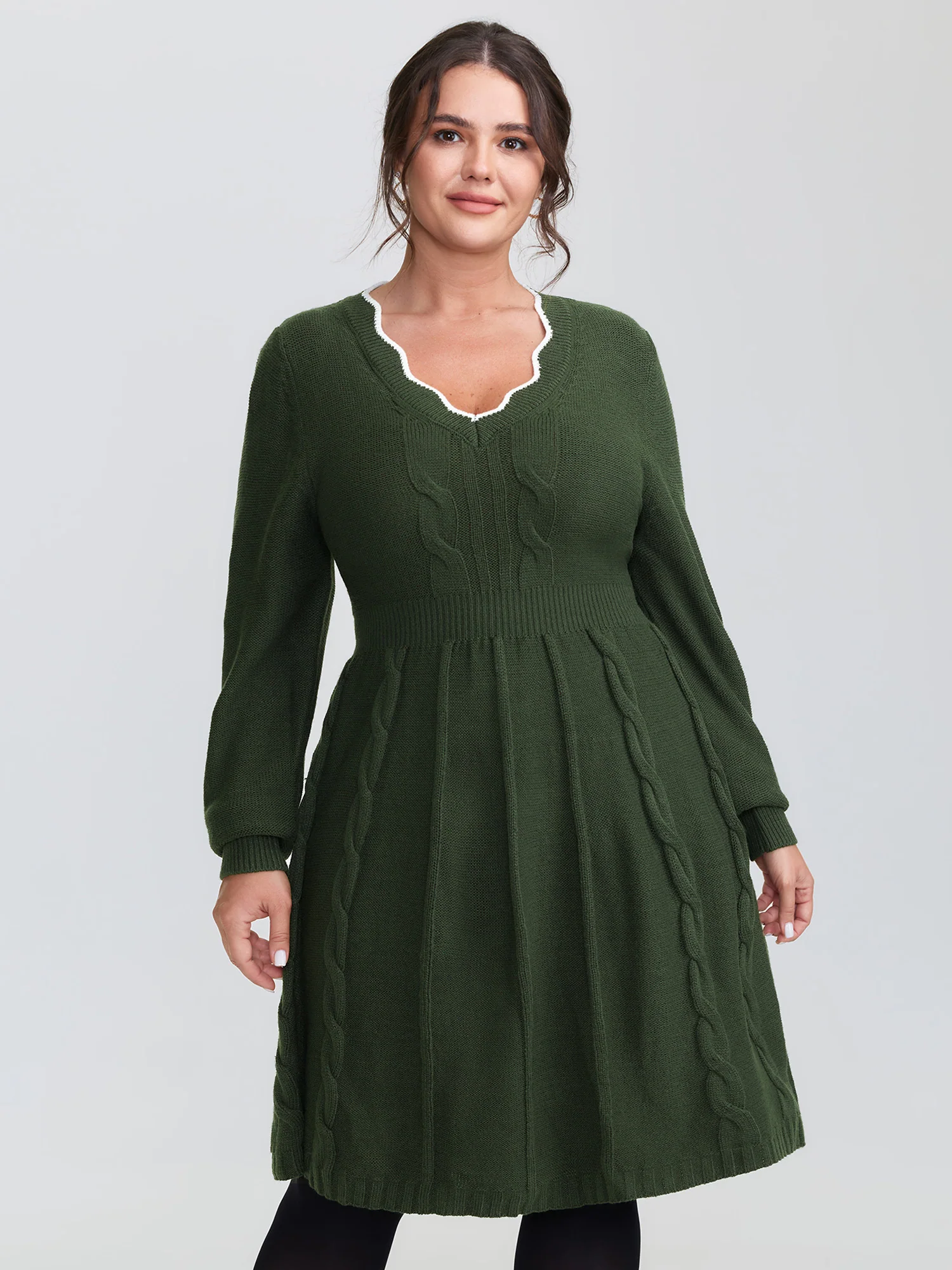 Scalloped V-Neck Fit and Flare Sweater Dress