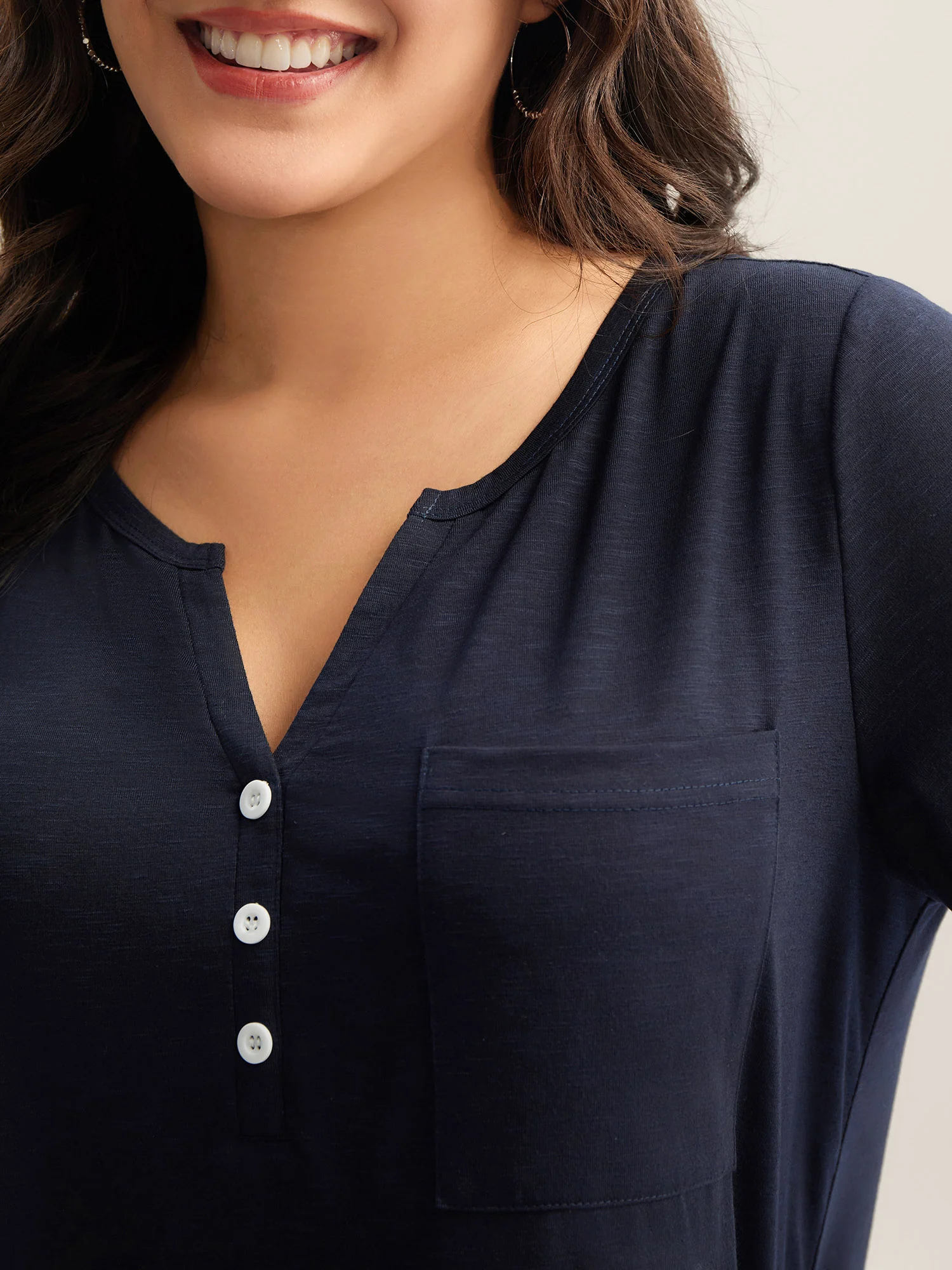 Solid Split Neck Button Detail T-Shirt