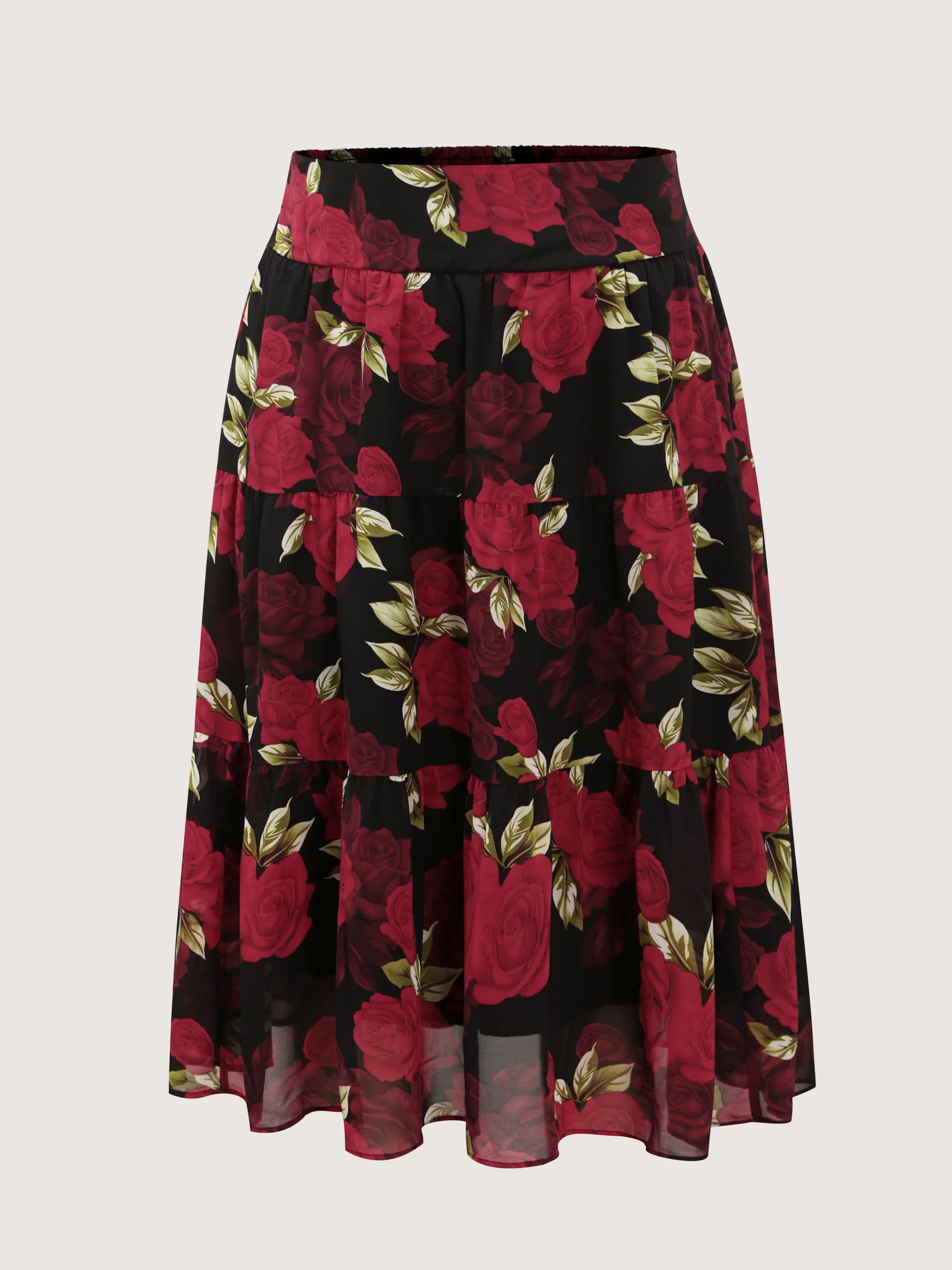 Large Flower Print Wide Waistband Midi Skirt