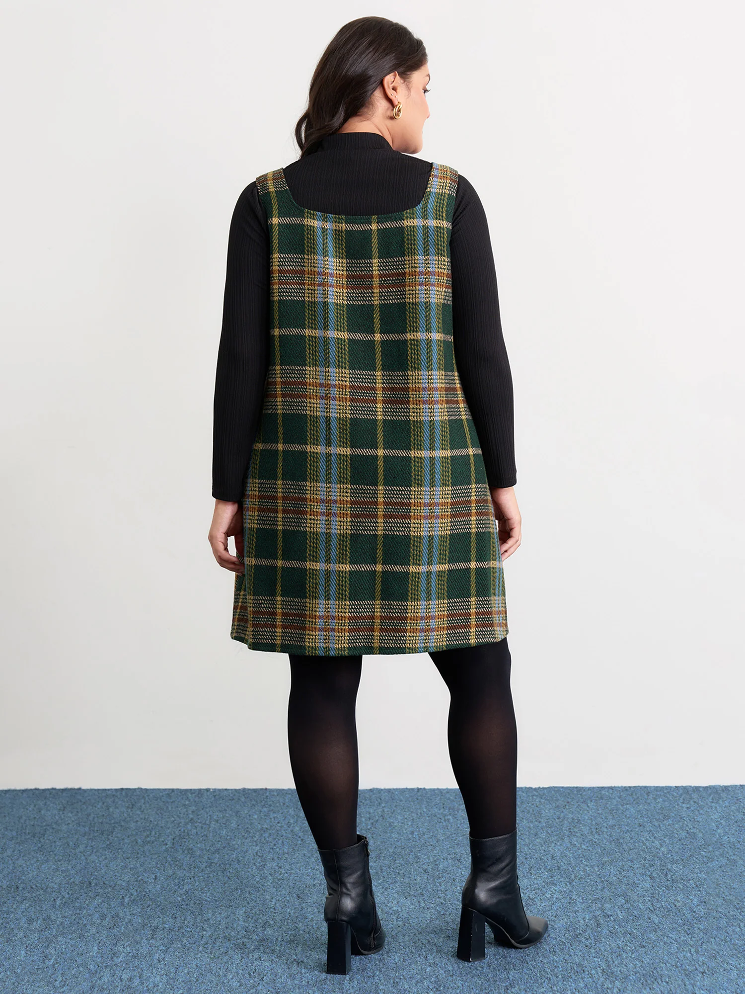 Plaid Pattern Slant Pockets Knee Dress