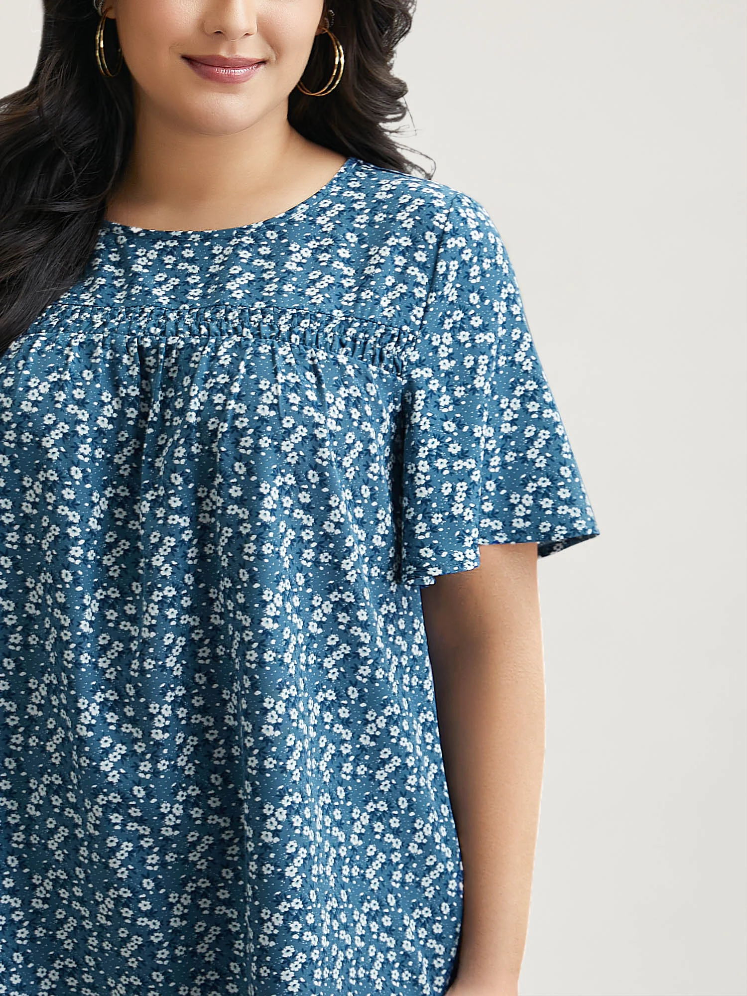 Floral Ruffle Sleeve Gathered Round Neck Blouse