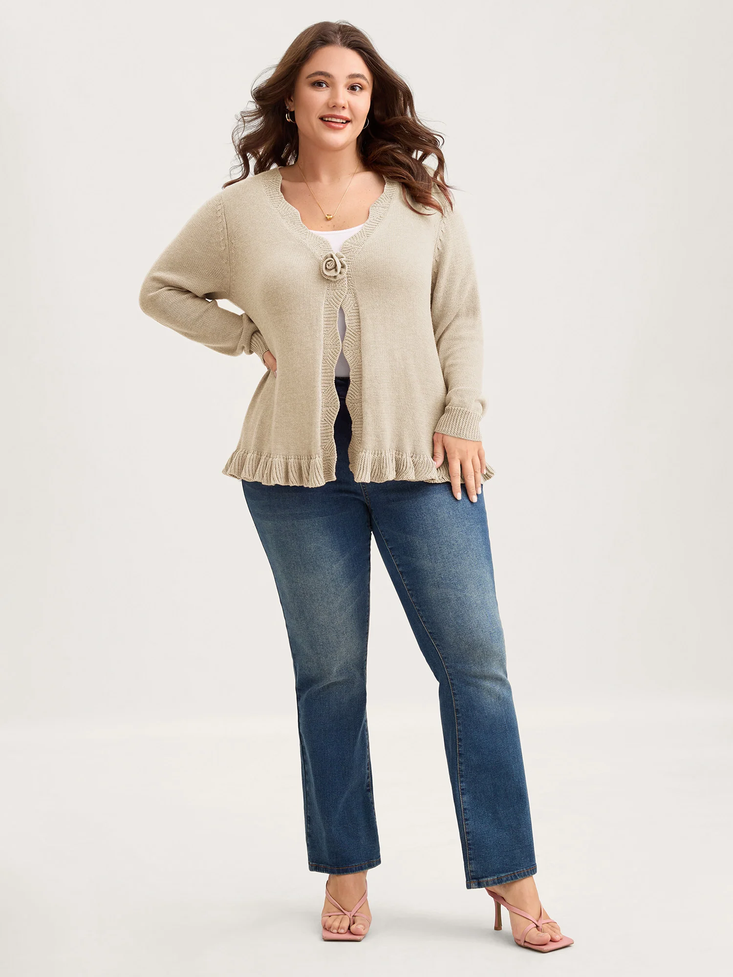 Supersoft Textured Floral Button Ruffled Hem Knit Cardigan