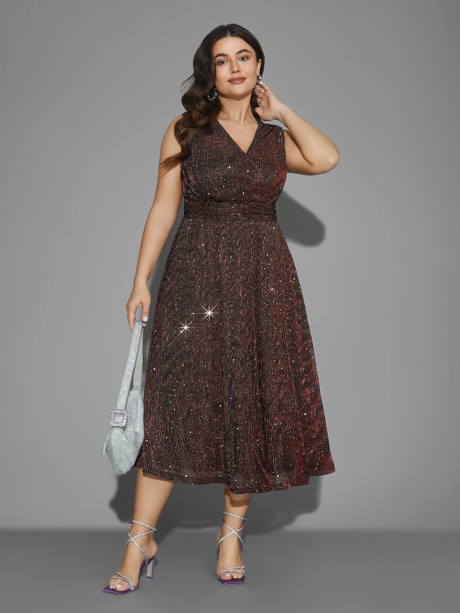 Sequin Surplice Neckline Sleeveless Midi Dress