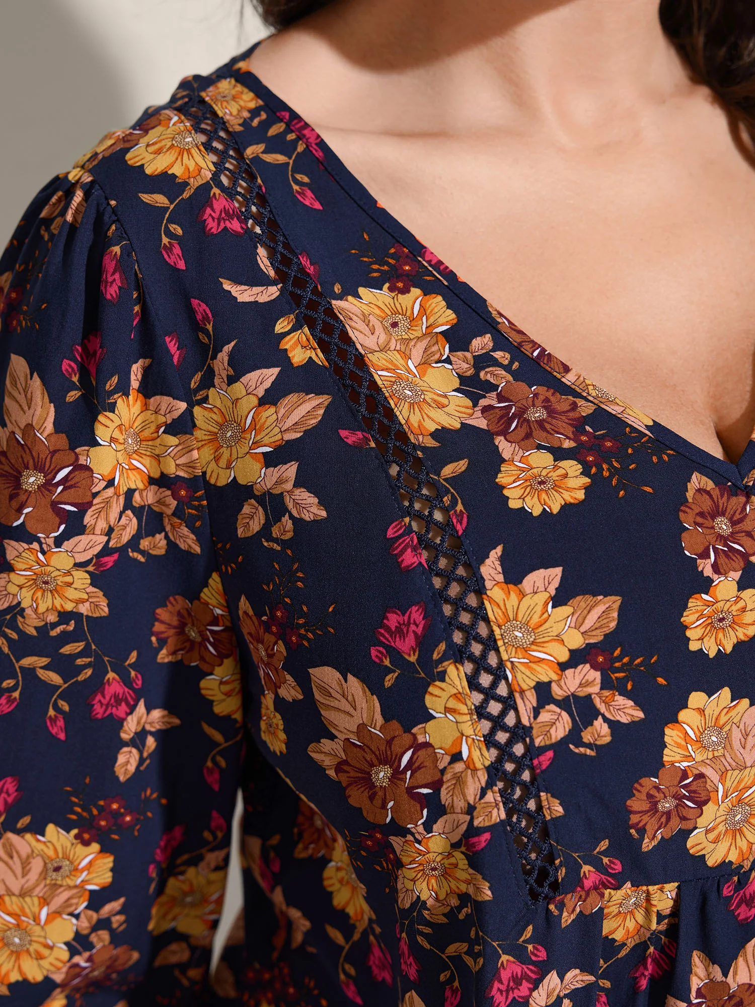 Fall Florals Lace Trim Flowy Blouse