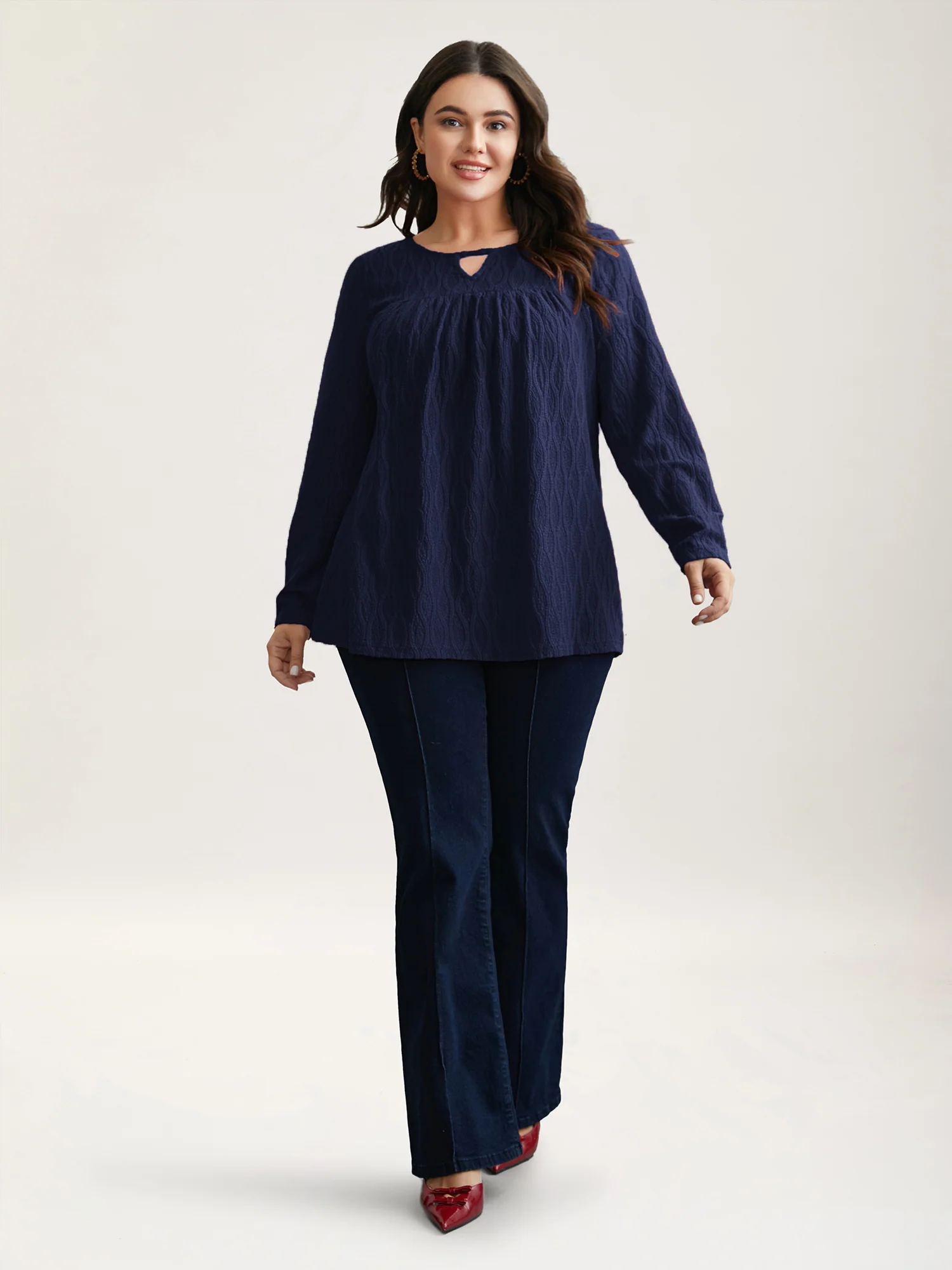 Textured Keyhole Gathered Knit Top