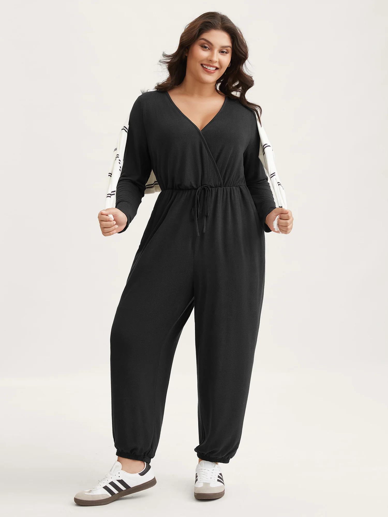 Elastic Waist Overlap Collar Lounge Jumpsuit