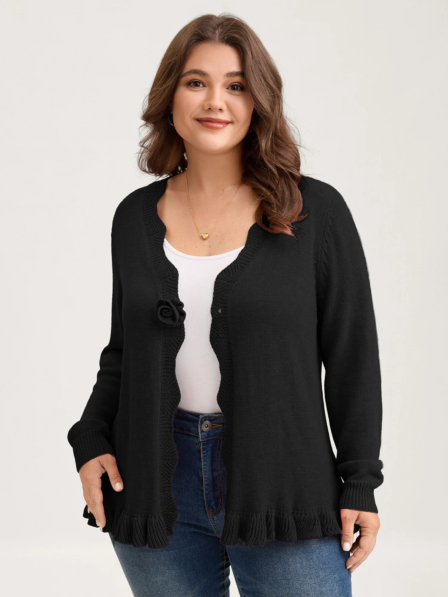 Supersoft Textured Floral Button Ruffled Hem Knit Cardigan