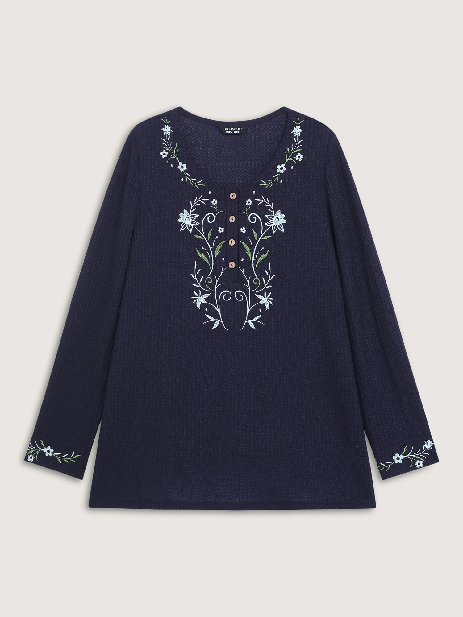 Floral Embroidery Textured Round Neck T-Shirt