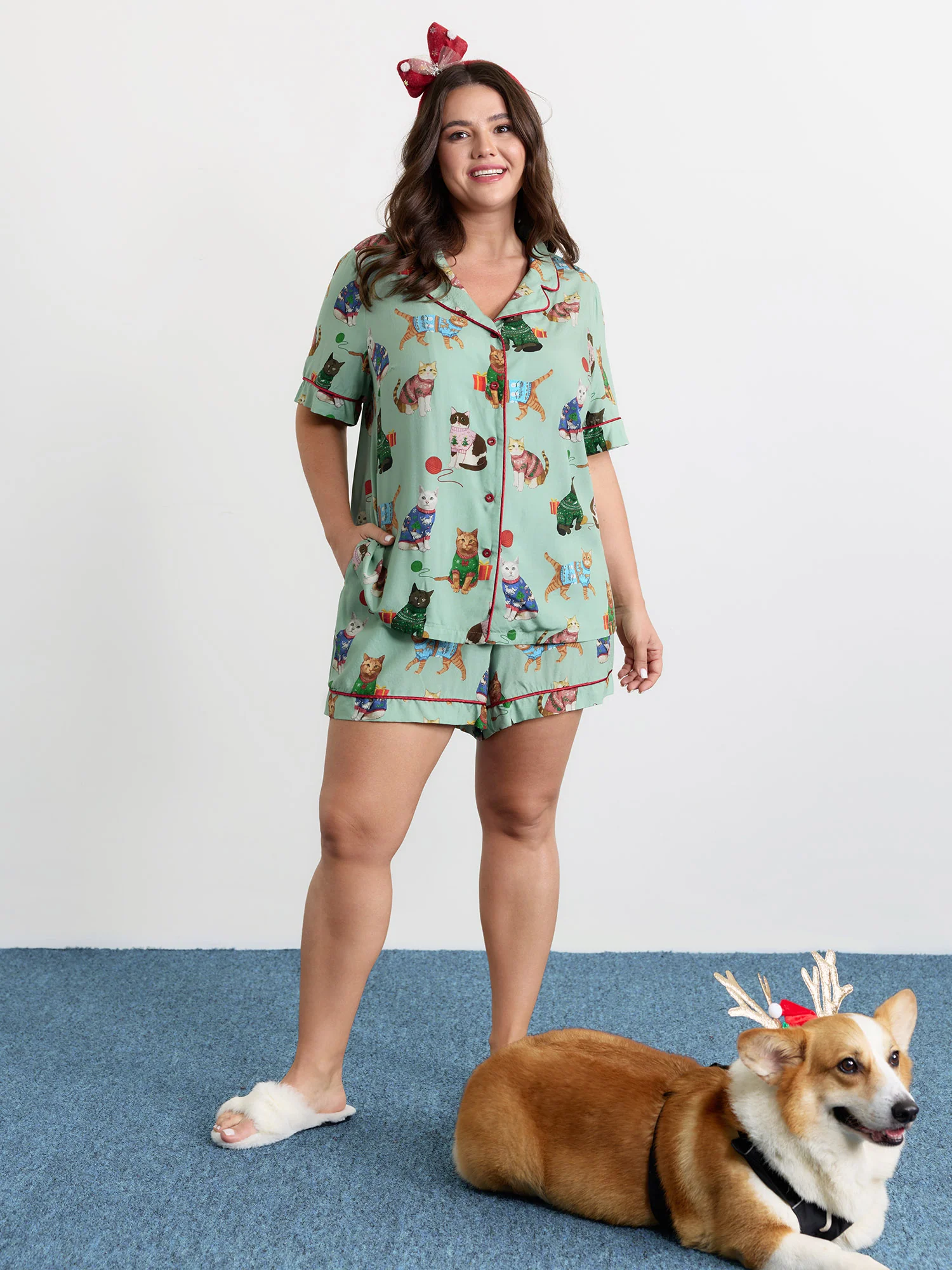 Holiday Cats Print Color Contrast Loungewear Set