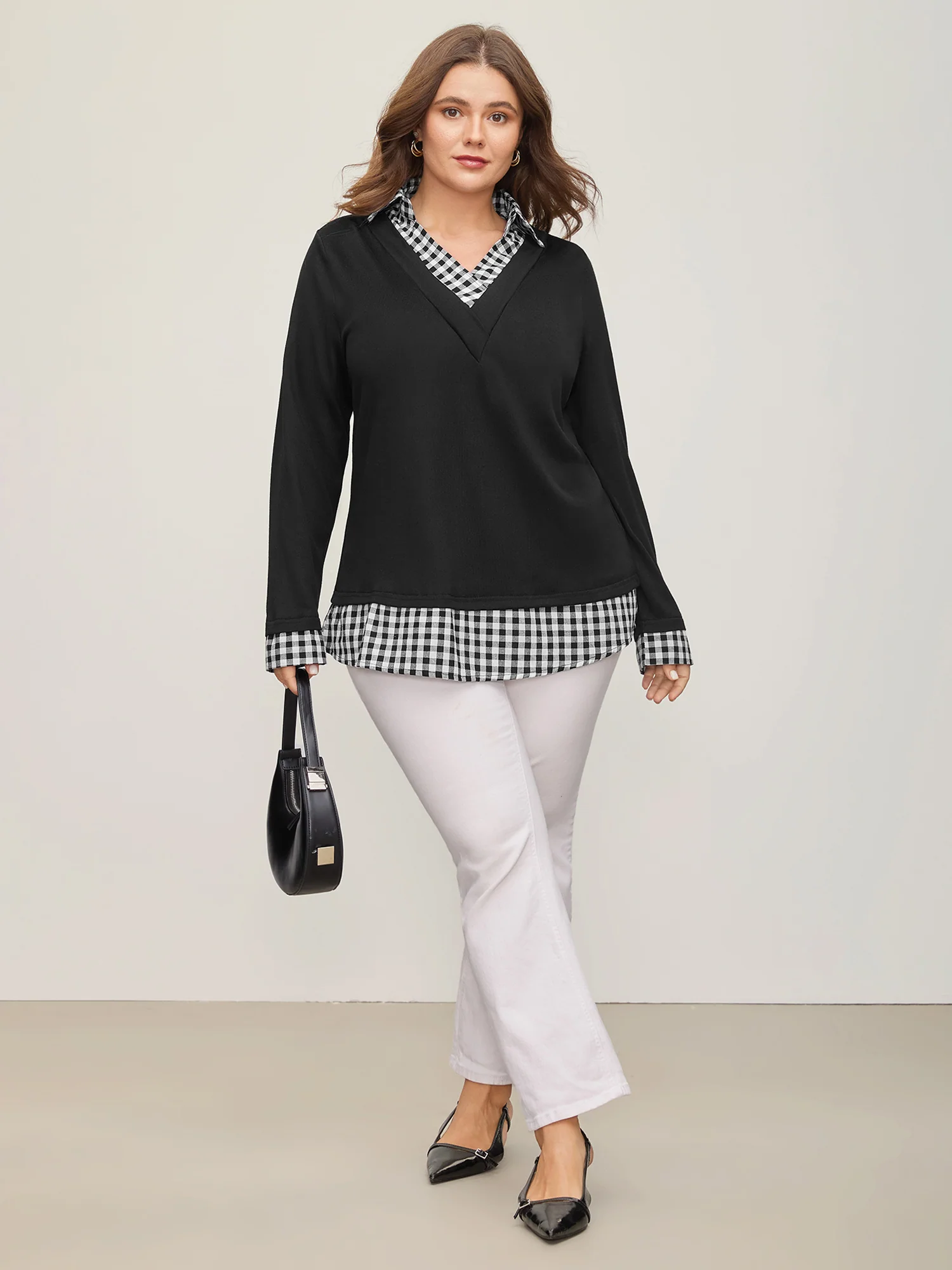 Gingham Patchwork Shirt Collar Arc Hem Sweatshirt