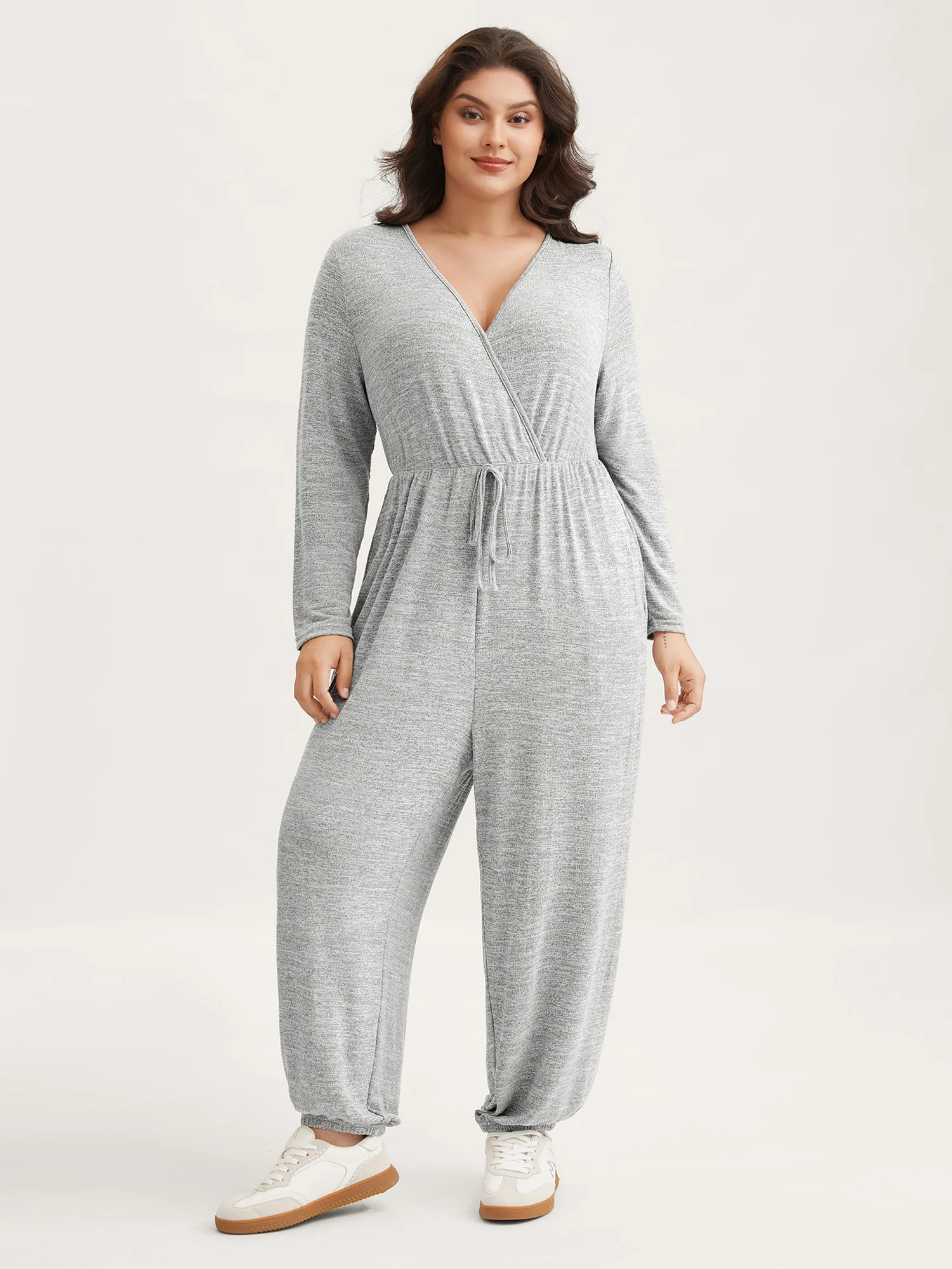 Elastic Waist Overlap Collar Lounge Jumpsuit