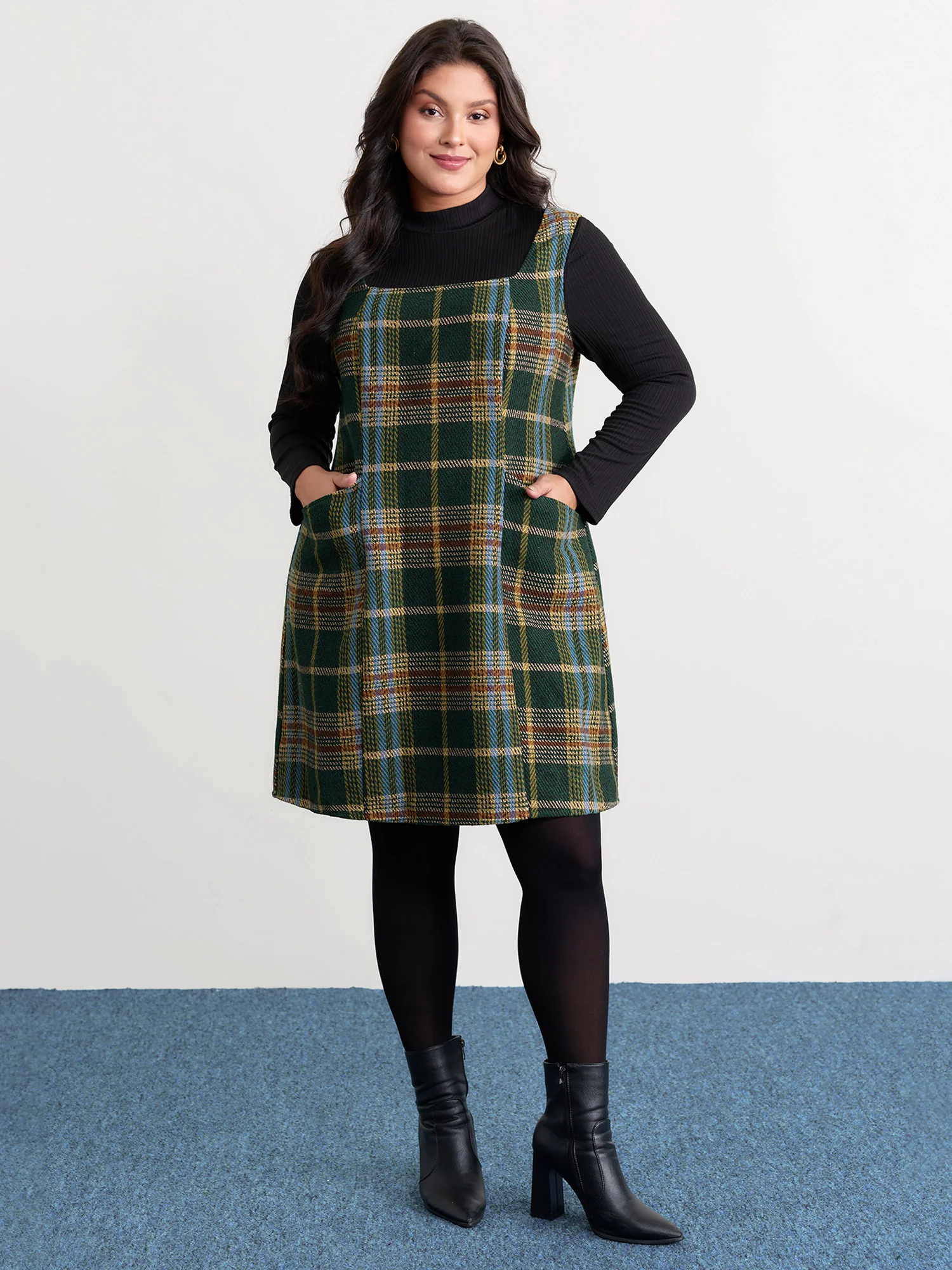 Plaid Pattern Slant Pockets Knee Dress