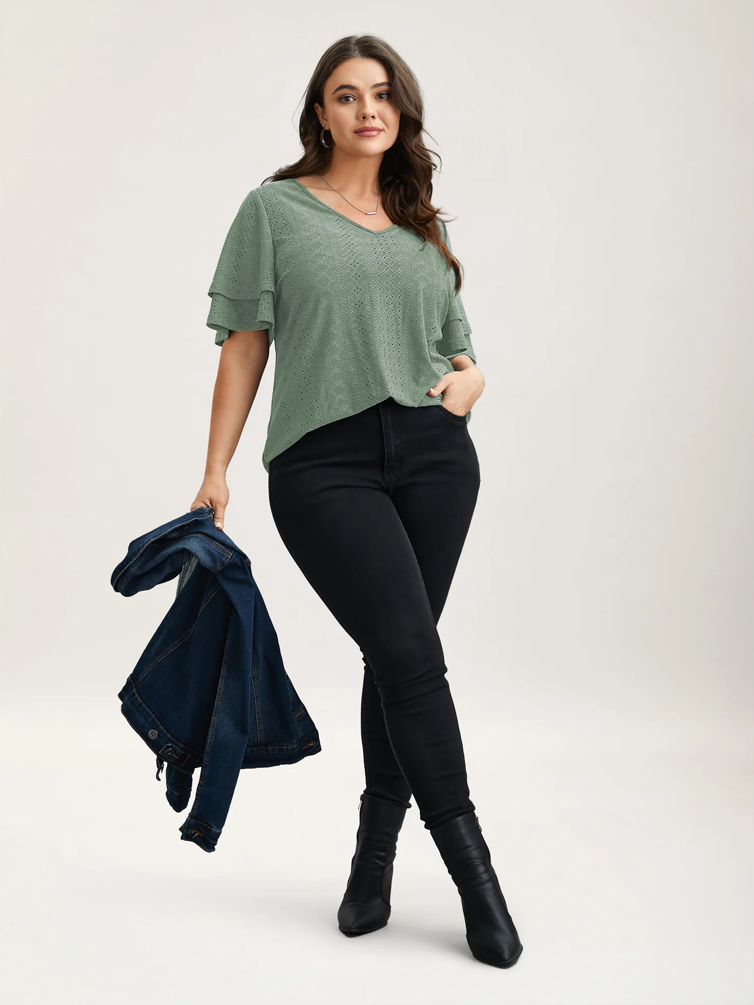 Jacquard Textured Lotus Leaf Sleeve Top