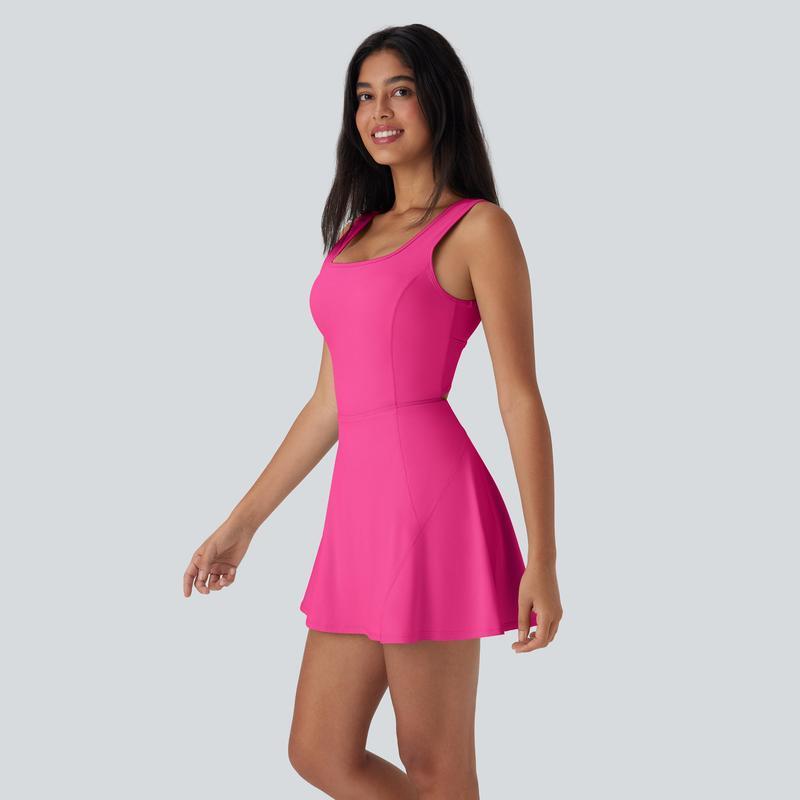 Women's U-Neck Backless Active Dress with Built-In Shorts