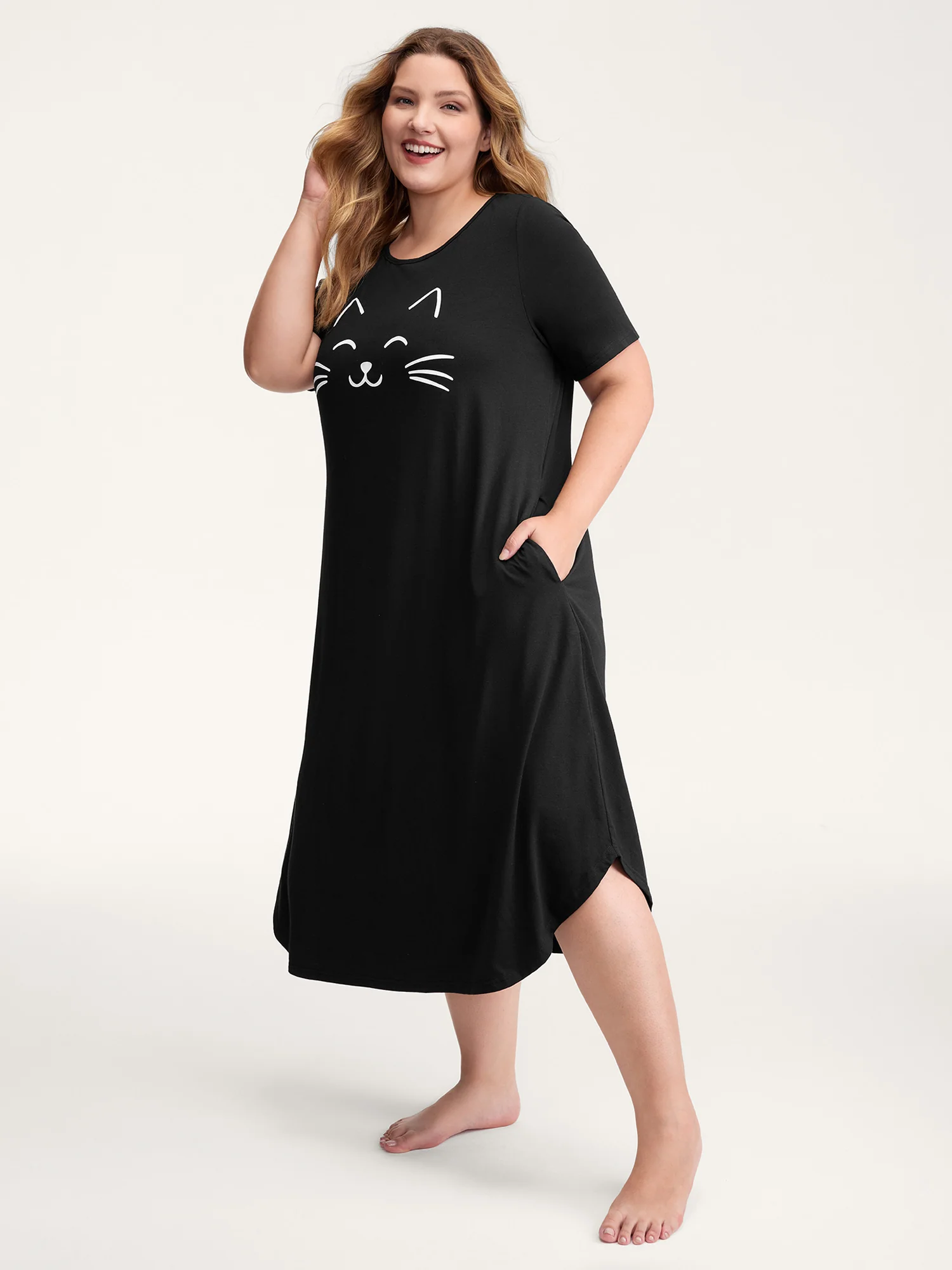 Happy Cat Print Stretchy Contrast Sleep Dress