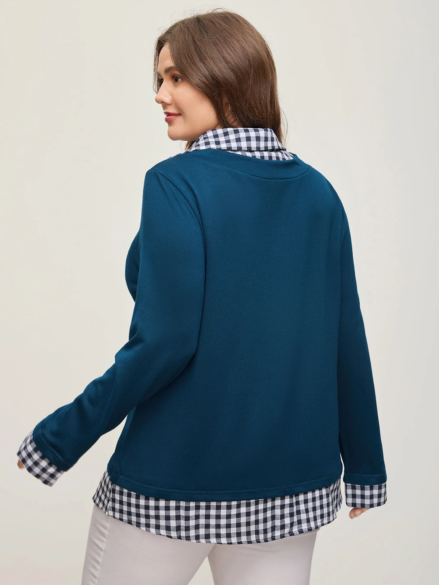 Gingham Patchwork Shirt Collar Arc Hem Sweatshirt