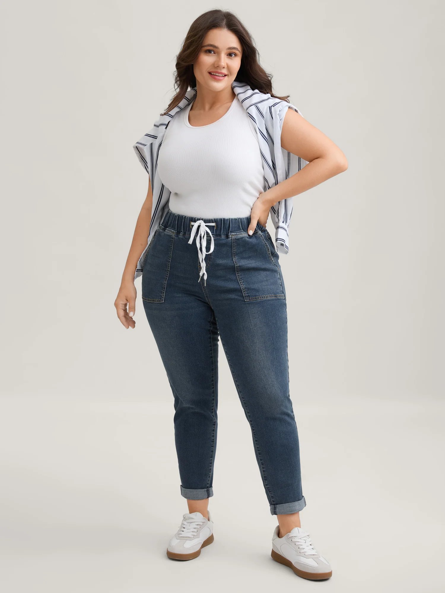 Drawstring Elastic Waist Roll Hem Jeans