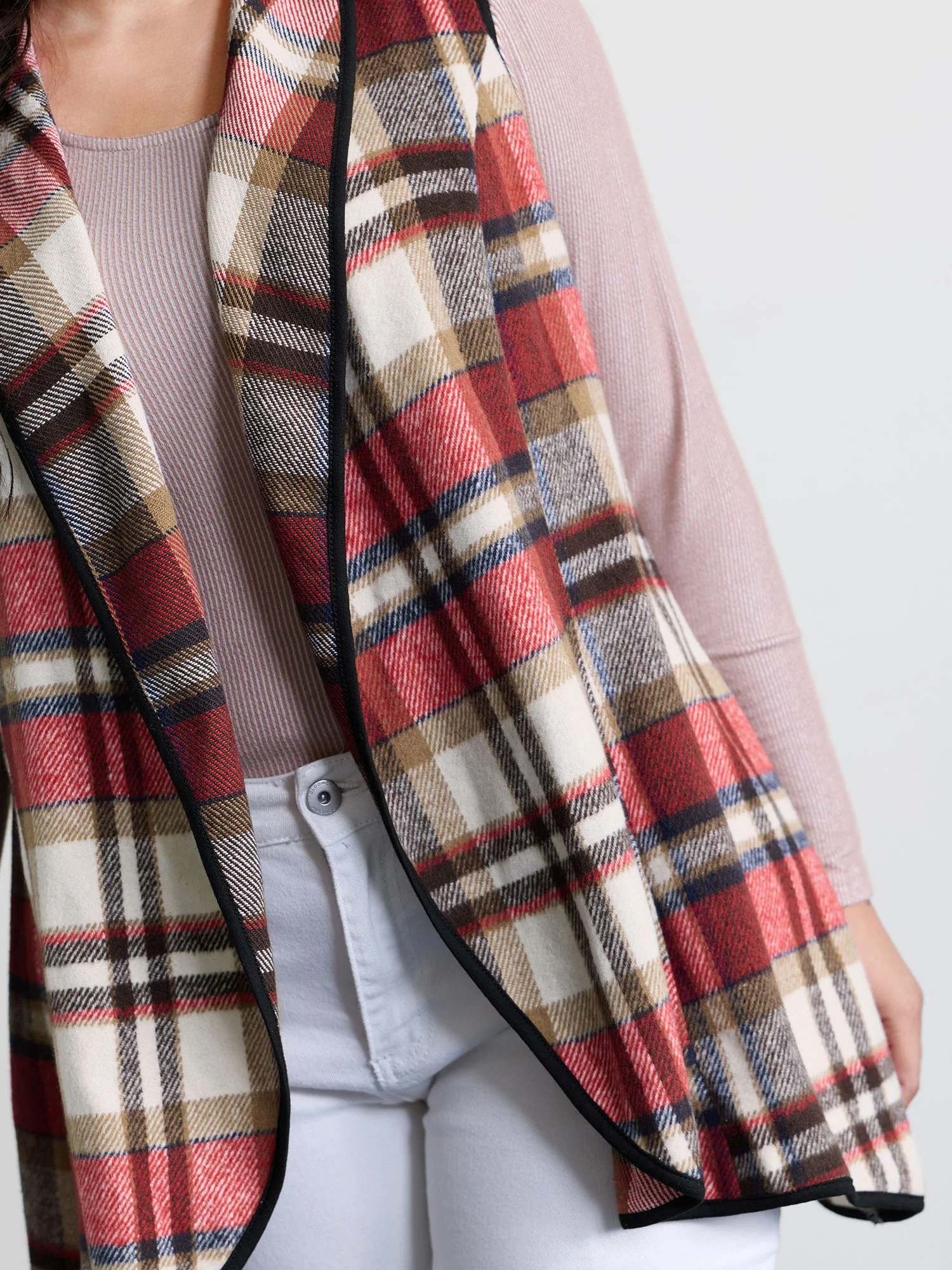 Plaid Curvy Hem Open-Front Vest