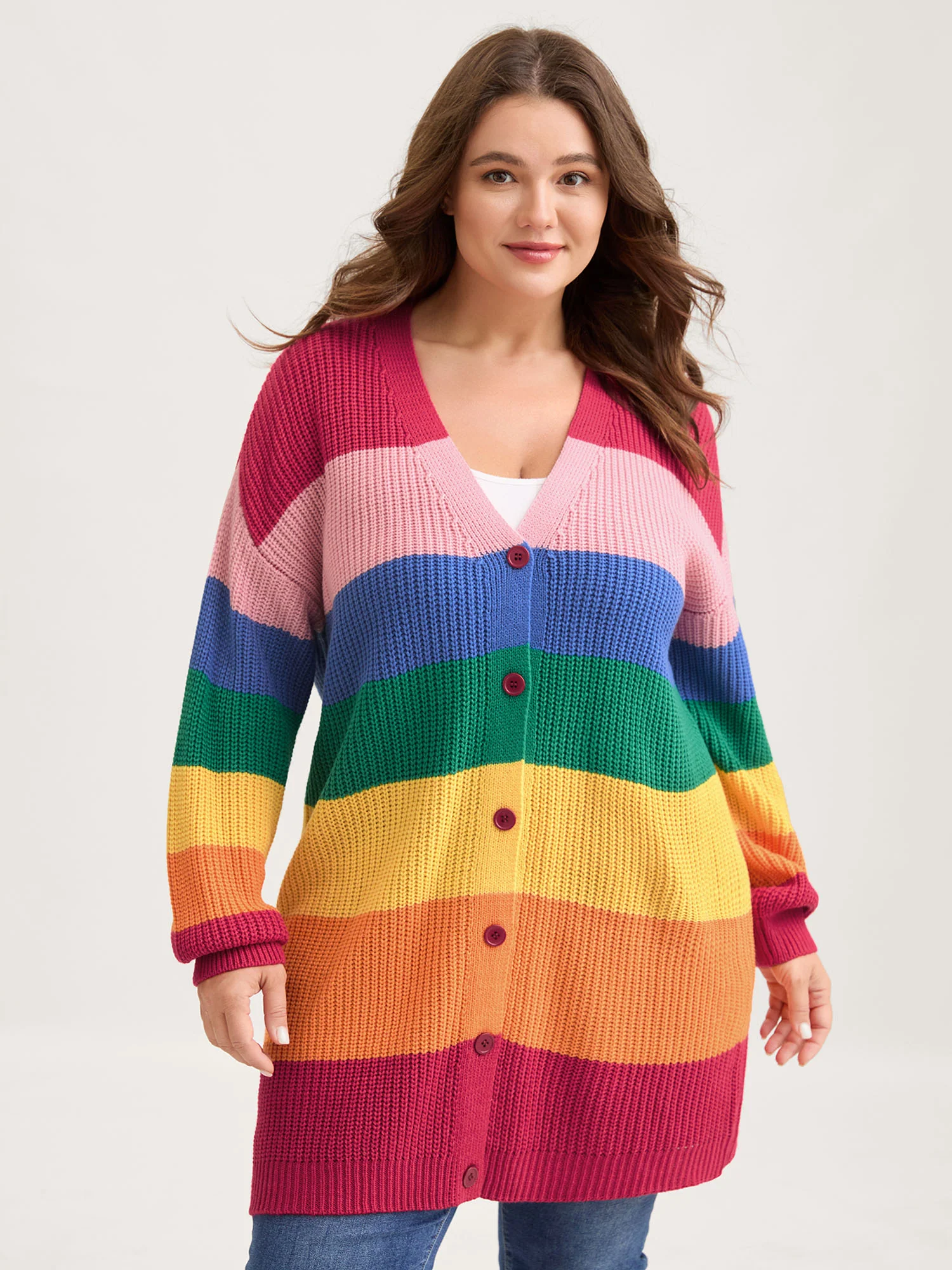 Colorblock Contrast Texture Button Cardigan