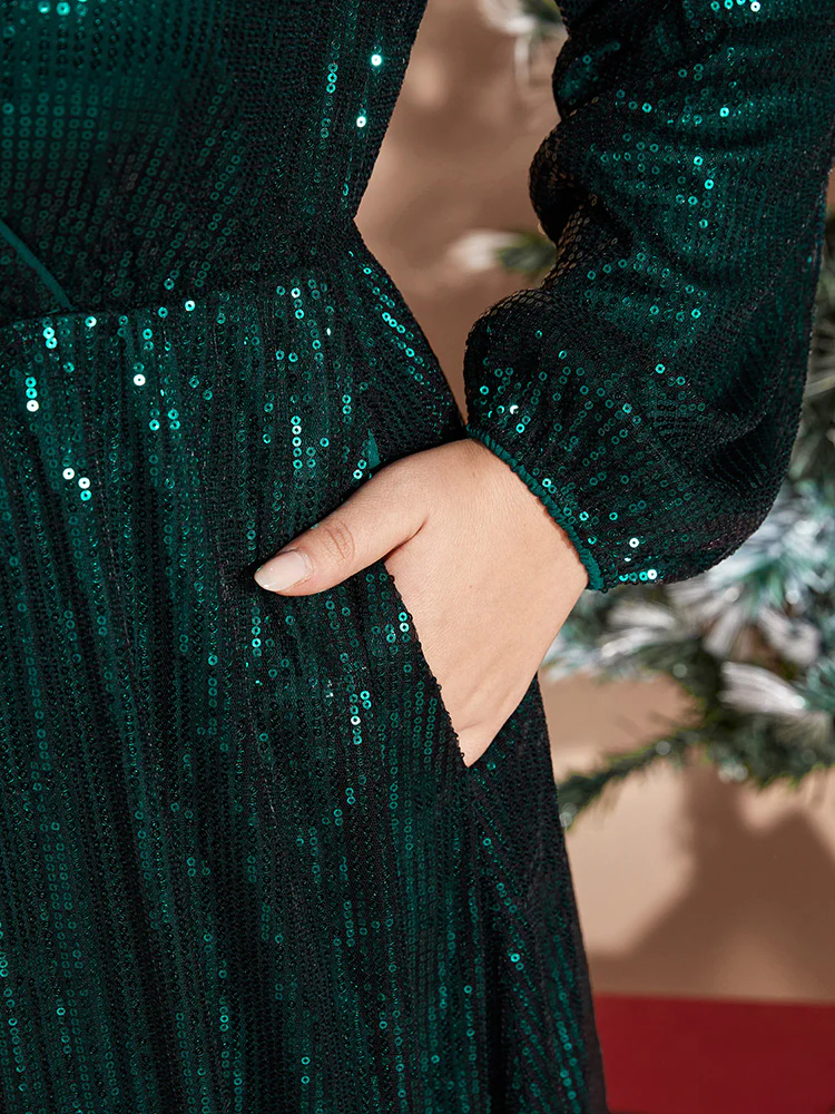 Solid Pocket Lantern Sleeve Wrap Sequin Dress