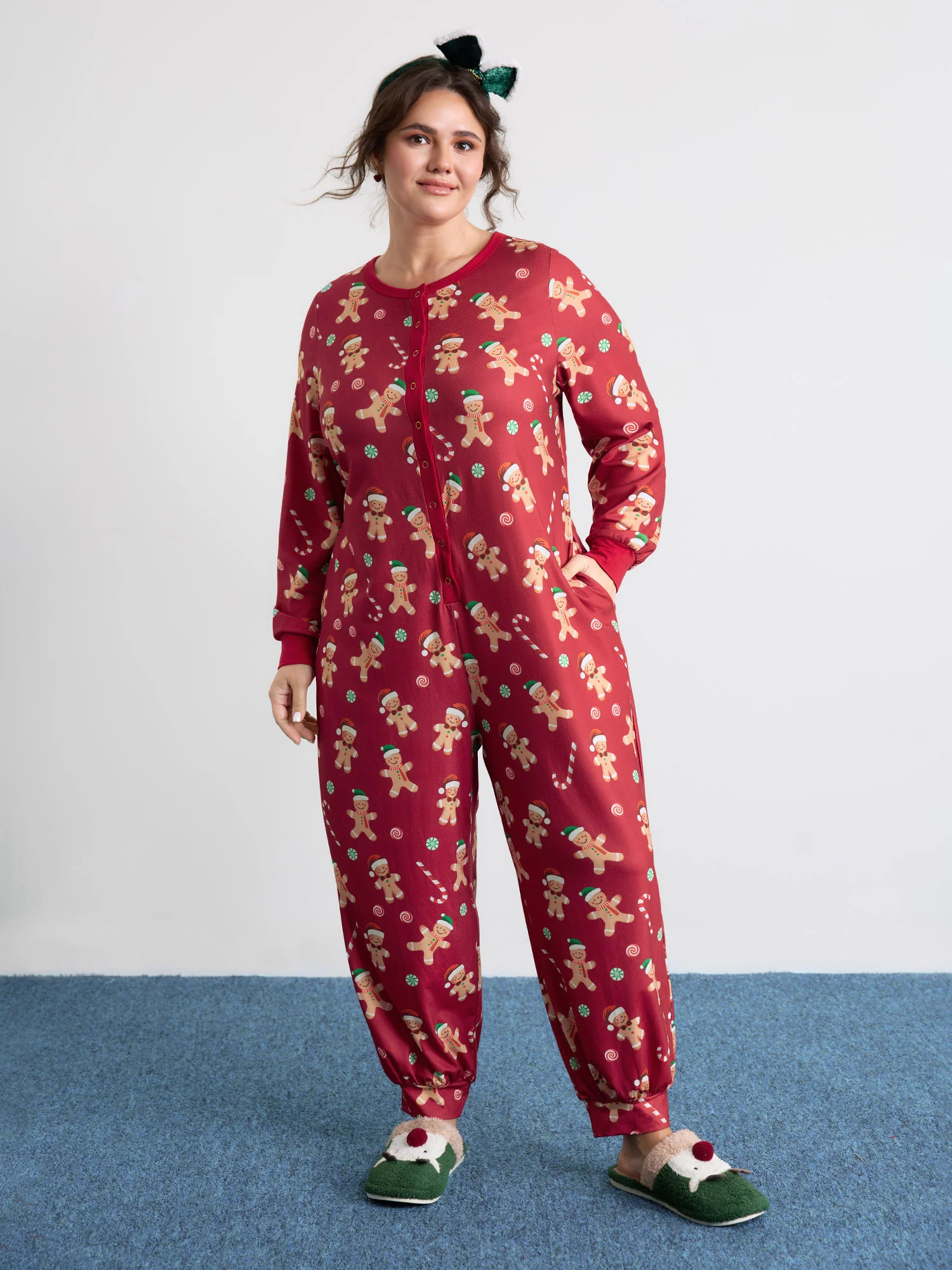 Gingerbread Print Button Placket Jumpsuit