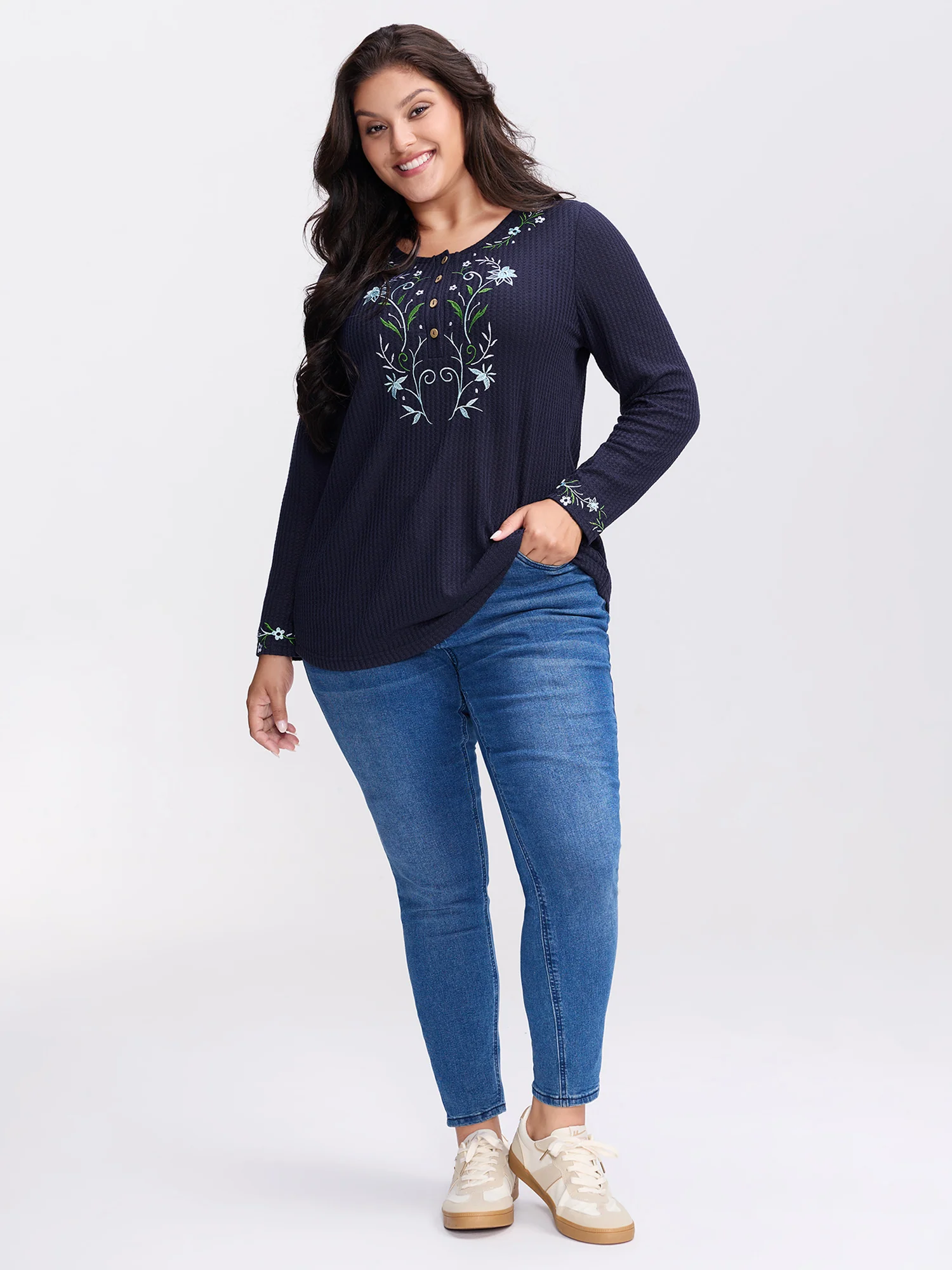 Floral Embroidery Textured Round Neck T-Shirt