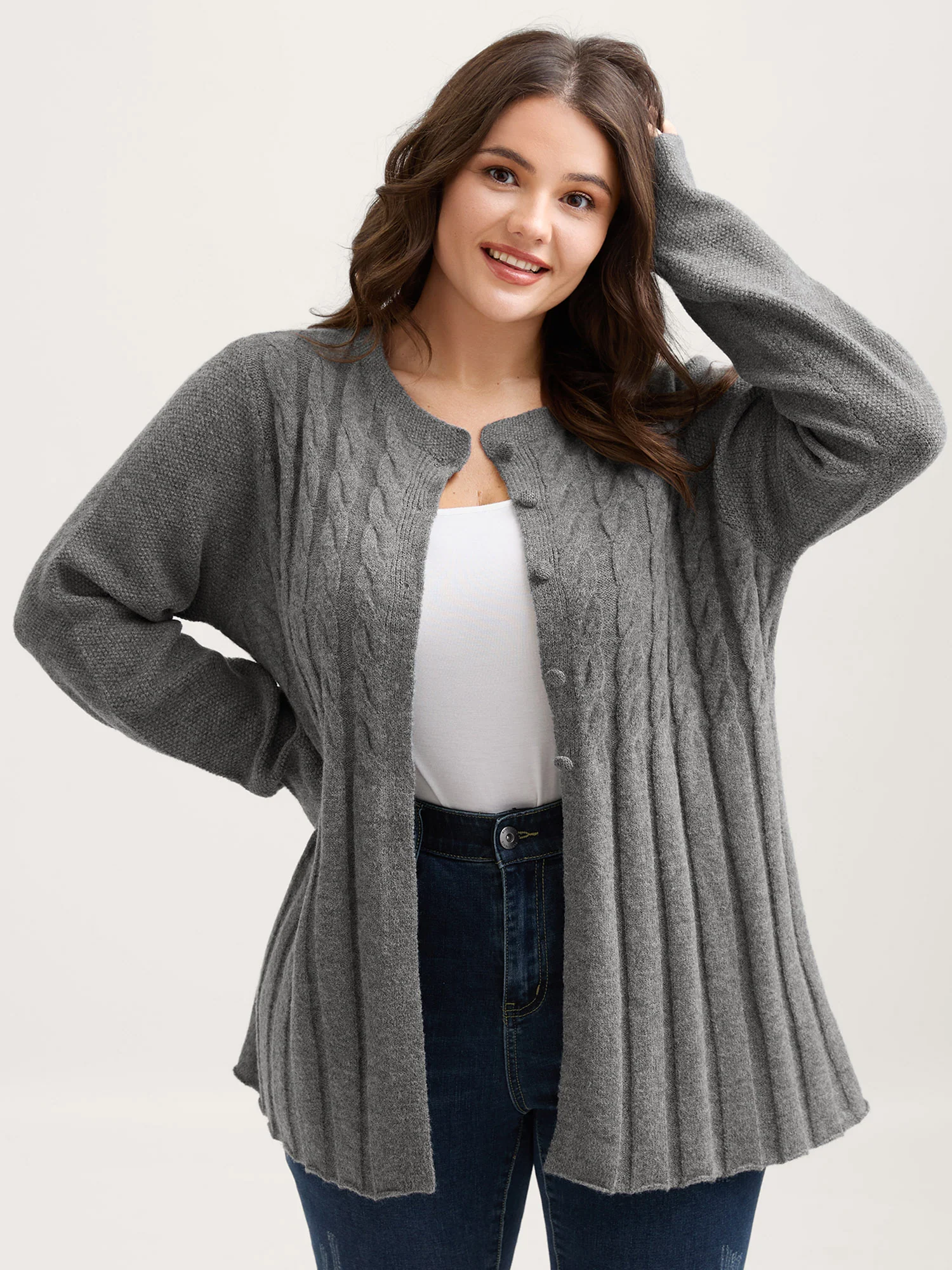 Cable Knit Round Neck Button Knit Cardigan