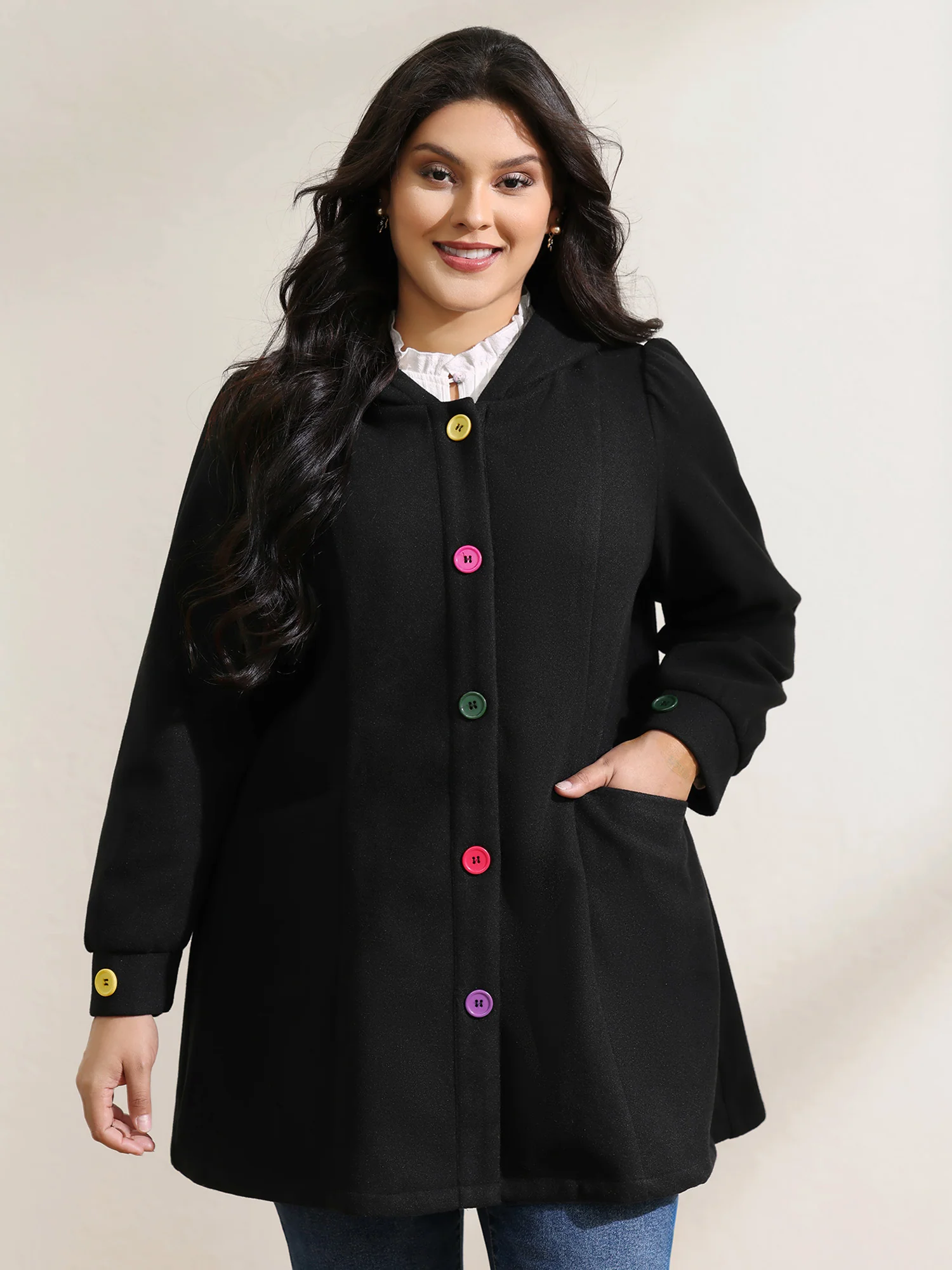 Colorful Buttons Hooded Pocket Coat