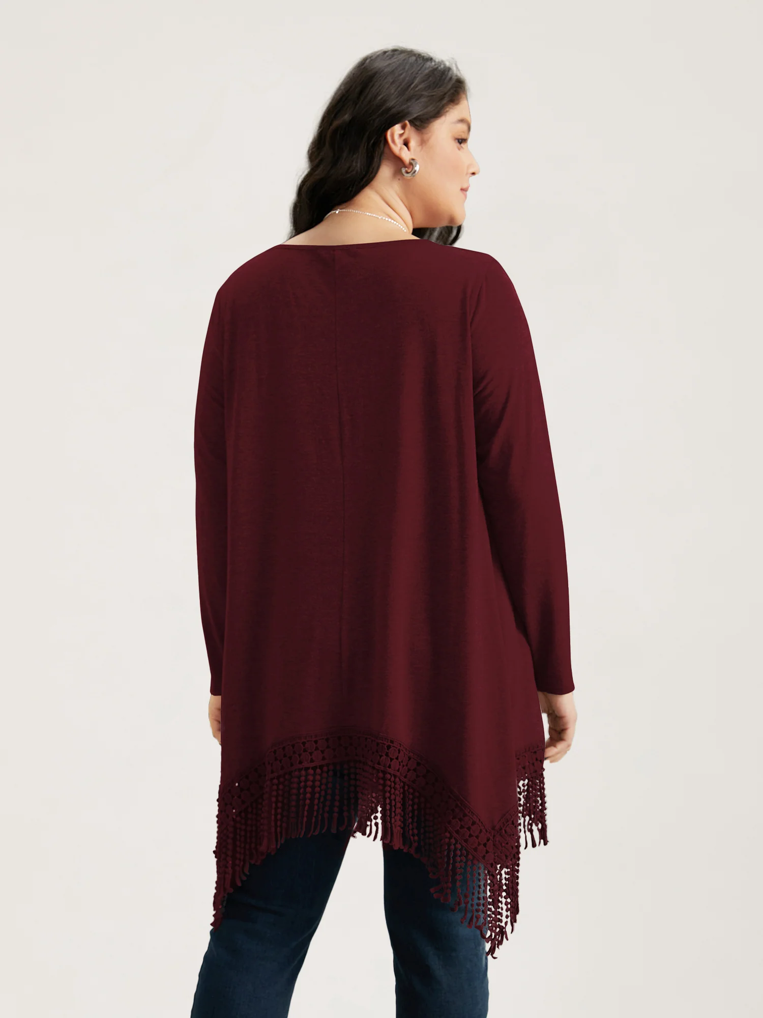 Solid Tassels Trim Pocket Asymmetrical Hem T-shirt