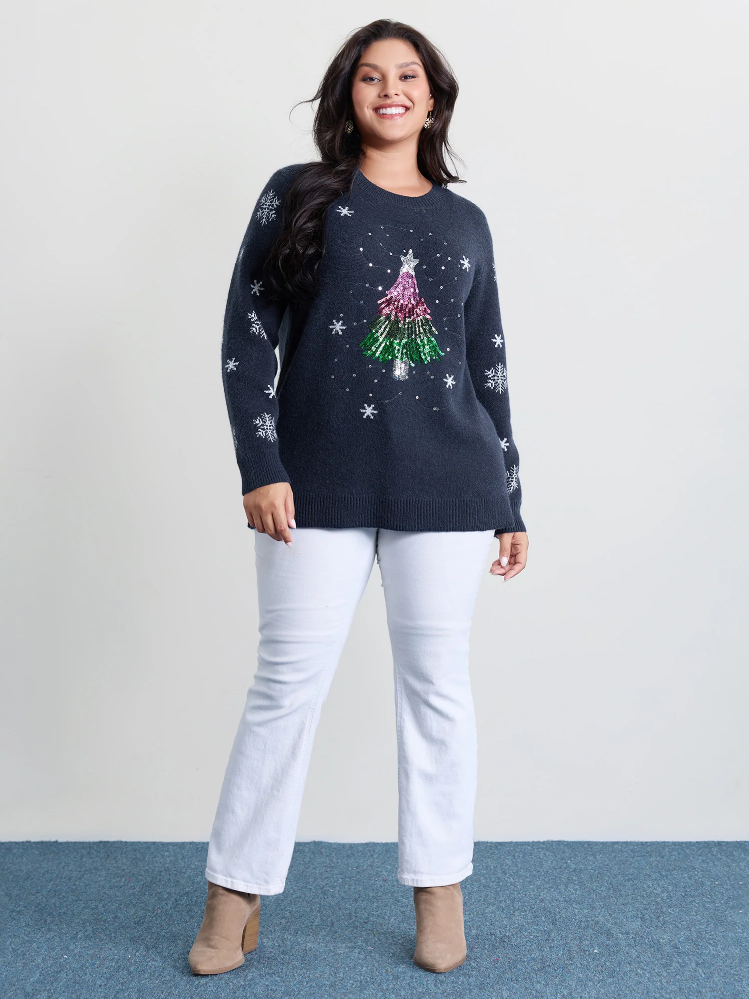 Stretchy Holiday Tree Sequin Embroidery Pullover