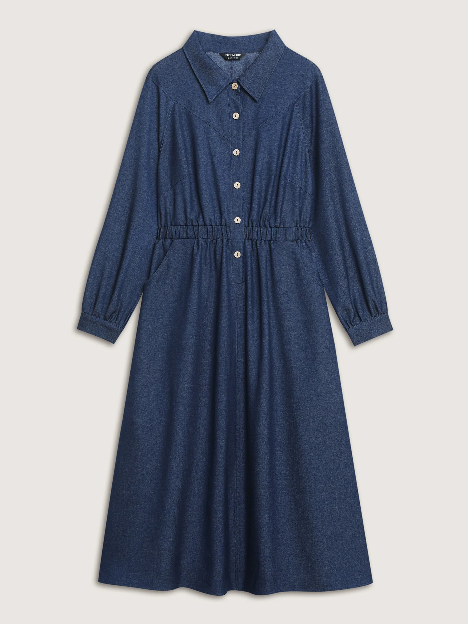 Stretchy Waist Slit Denim-Like Midi Dress