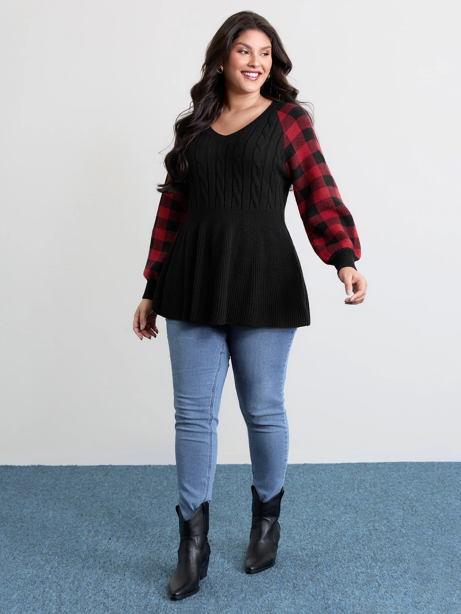 Check Jacquard Cableknit Cinched-Waist Pullover